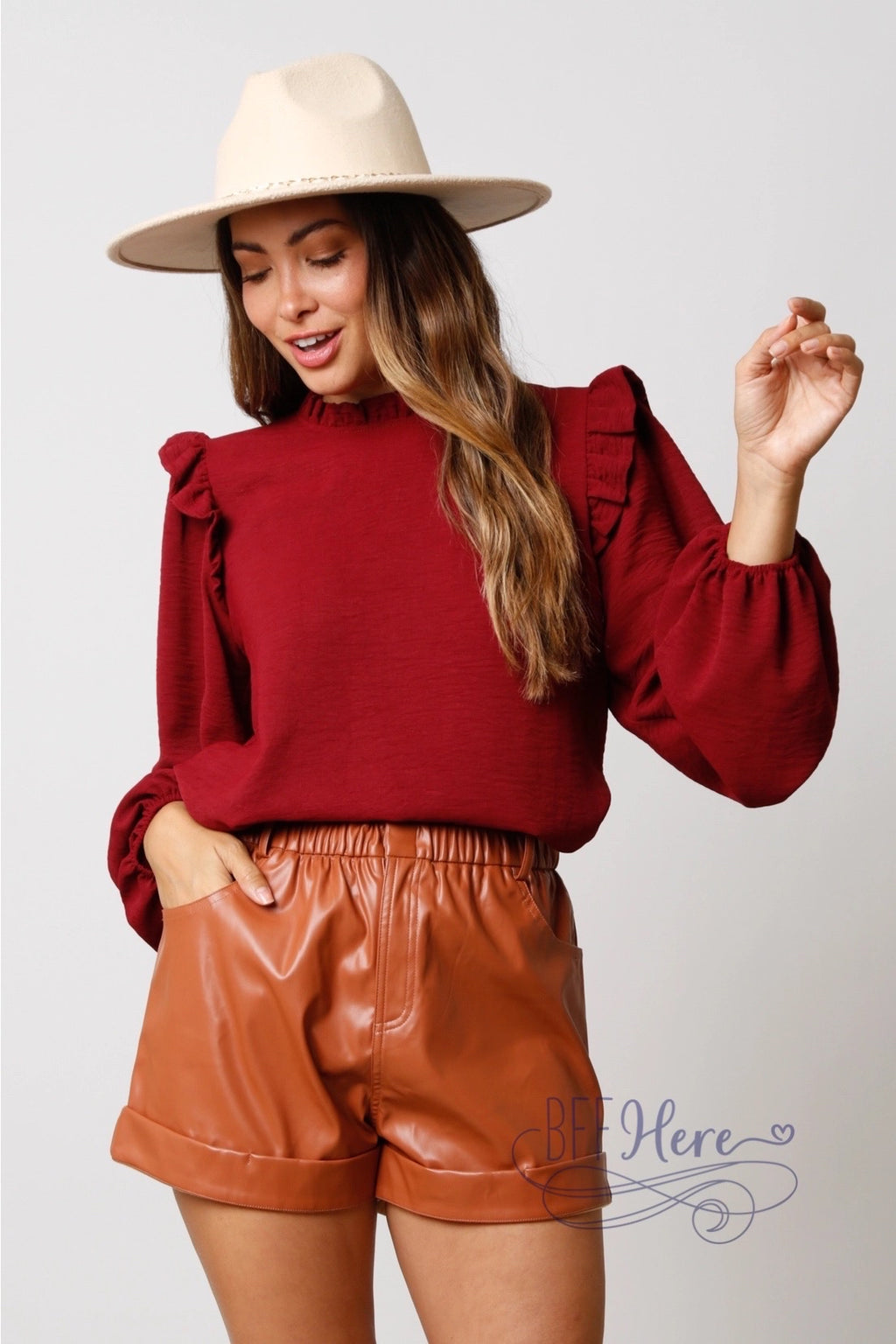 Elegant Woven Mock Neck Blouse with Ruffled Details: A Chic Statement Piece - BFF Here