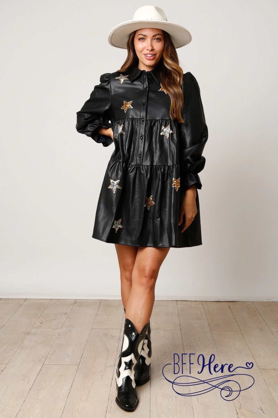 Midnight Spark: Leather Shirt Dress with Sequin Stars / Choice of Color) - BFF Here
