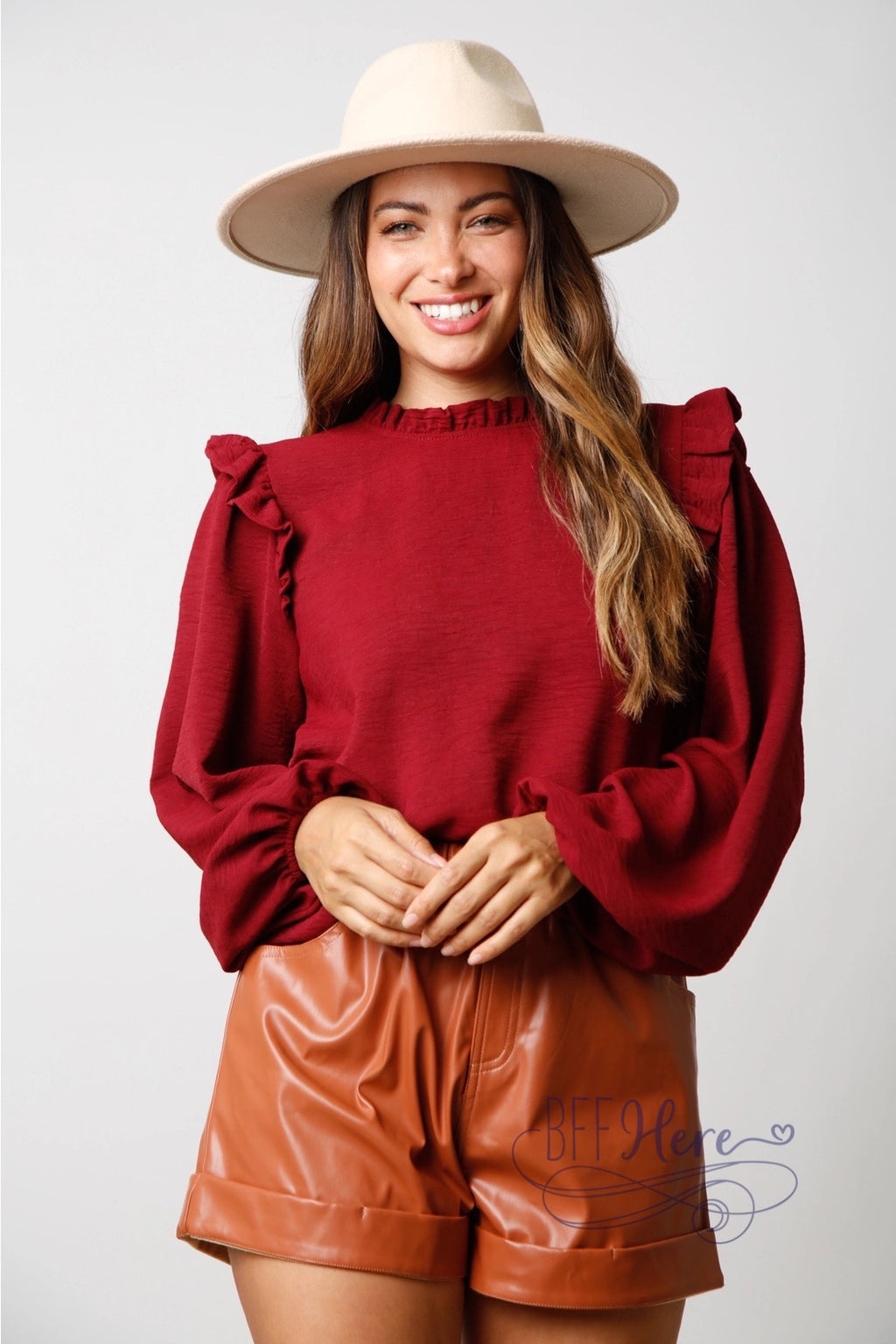 Elegant Woven Mock Neck Blouse with Ruffled Details: A Chic Statement Piece - BFF Here