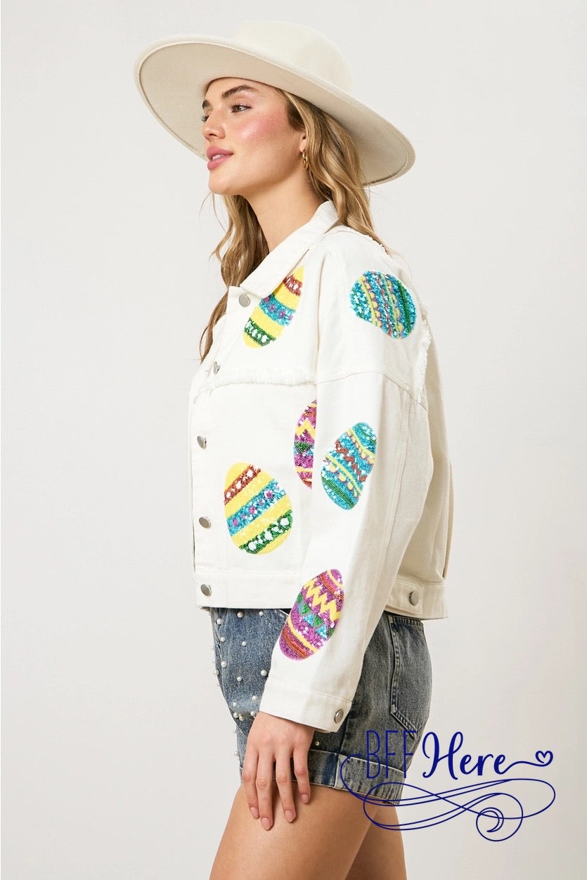 PREORDER: Egg-cellent Shine: Sequin Egg Twill Jacket (Ships End of February) - BFF Here