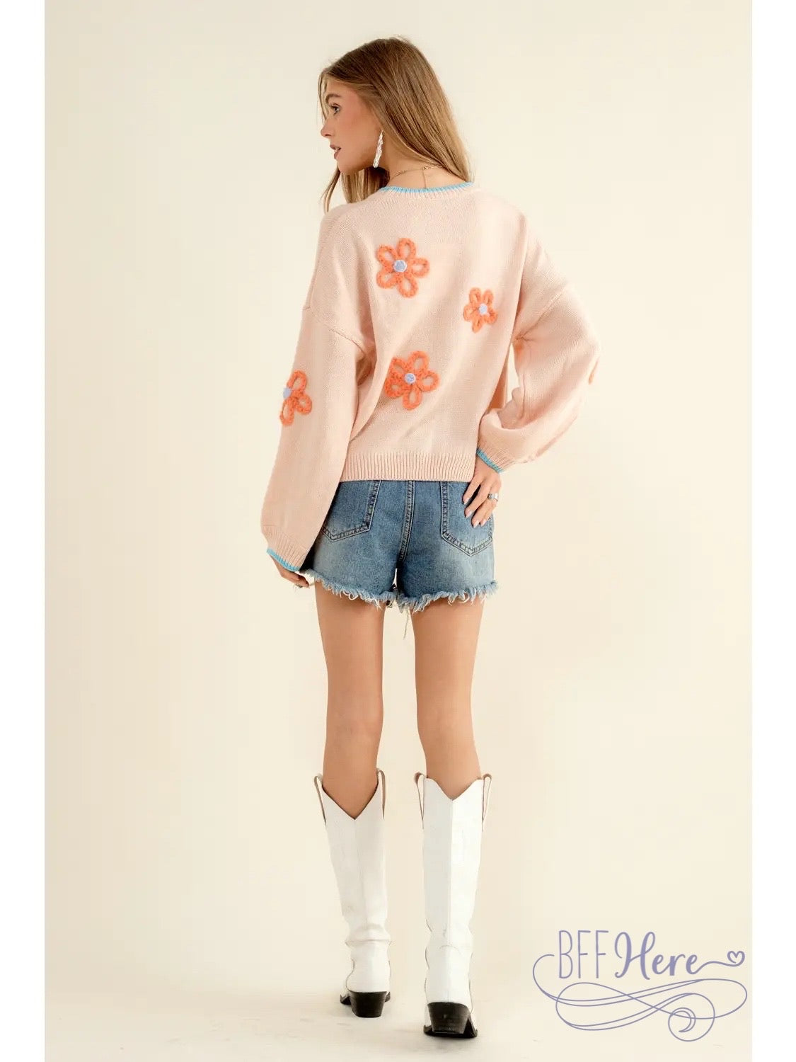 PREORDER:  Blossom Bliss: Sweater Pullover with Flower Accents (Ships End of August) - BFF Here