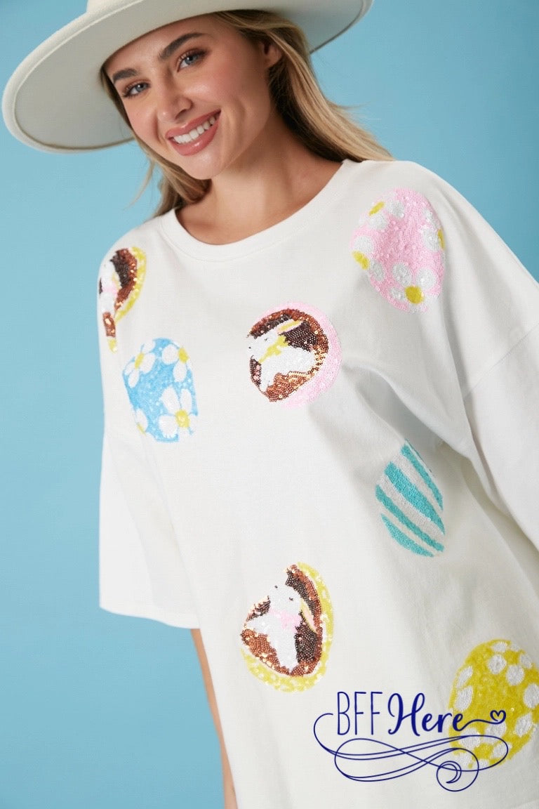 Sparkle & Hop: Sequin-Adorned Easter Tee - BFF Here