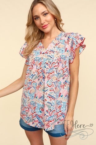 PREORDER: Ikat Elegance: Bohemian Ruffle-Sleeve Blouse (Ships Middle of May) - BFF Here