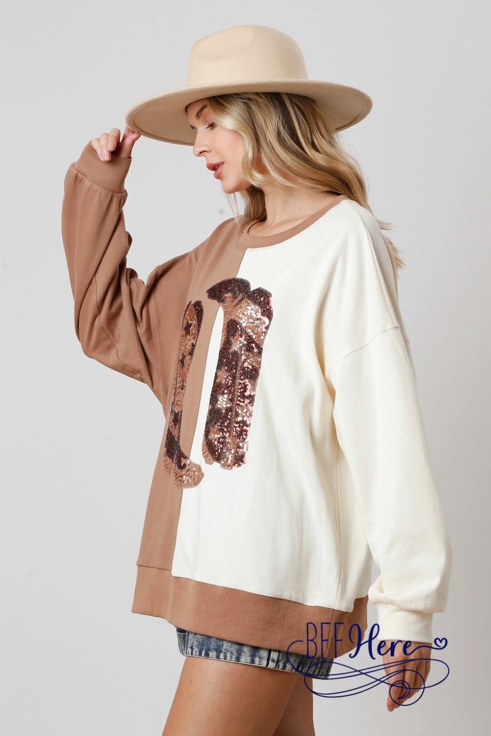 Western Harmony: Tan and Cream Colorblock Cowboy Boot Top - BFF Here