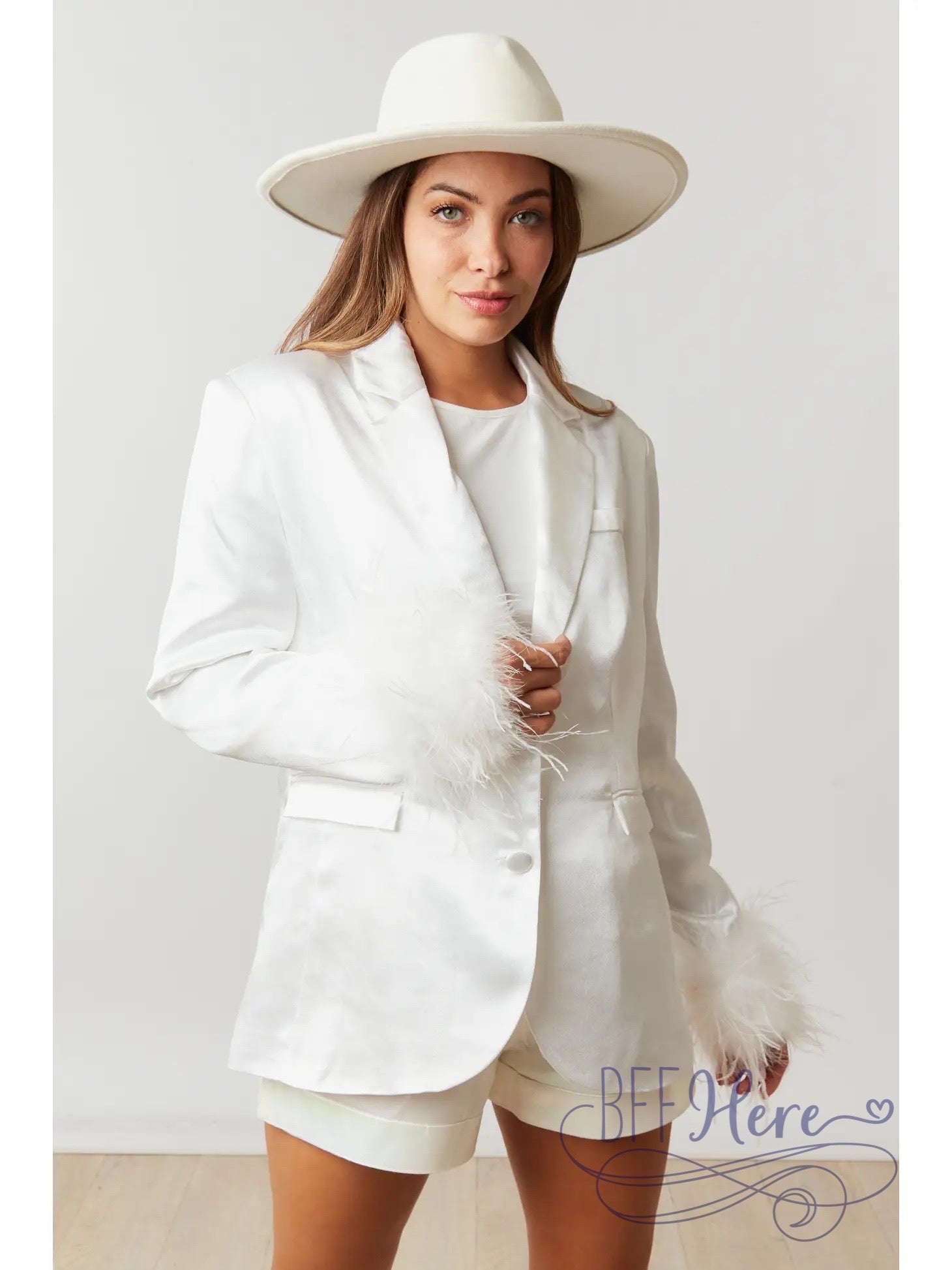 Glamorous Satin Blazer with Sleek Fur-Edged Sleeves - BFF Here