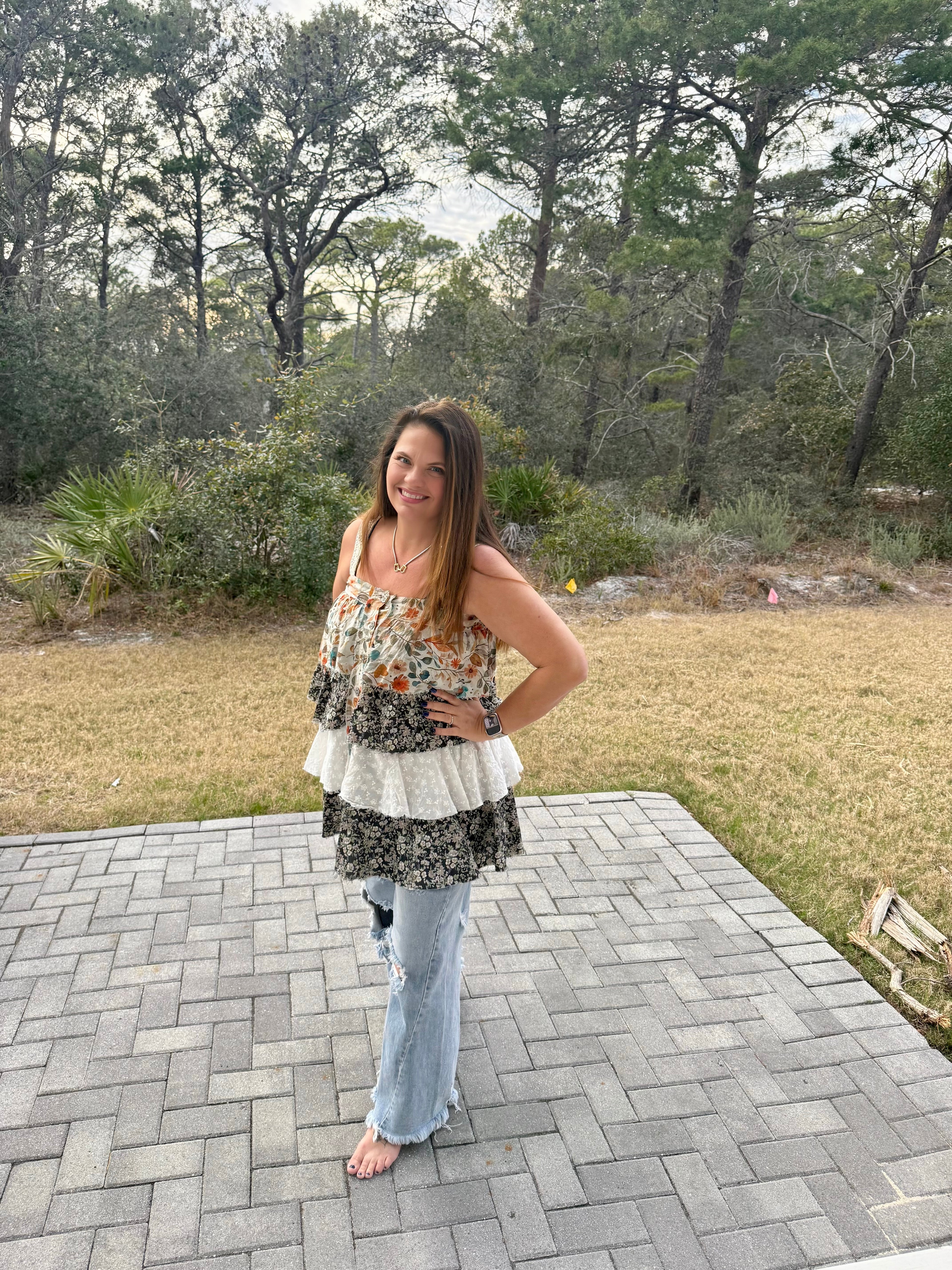 Boho Eyelet Patch Ruffle Floral Print Mini Dress by POL (Ships 2-3 weeks) - BFF Here