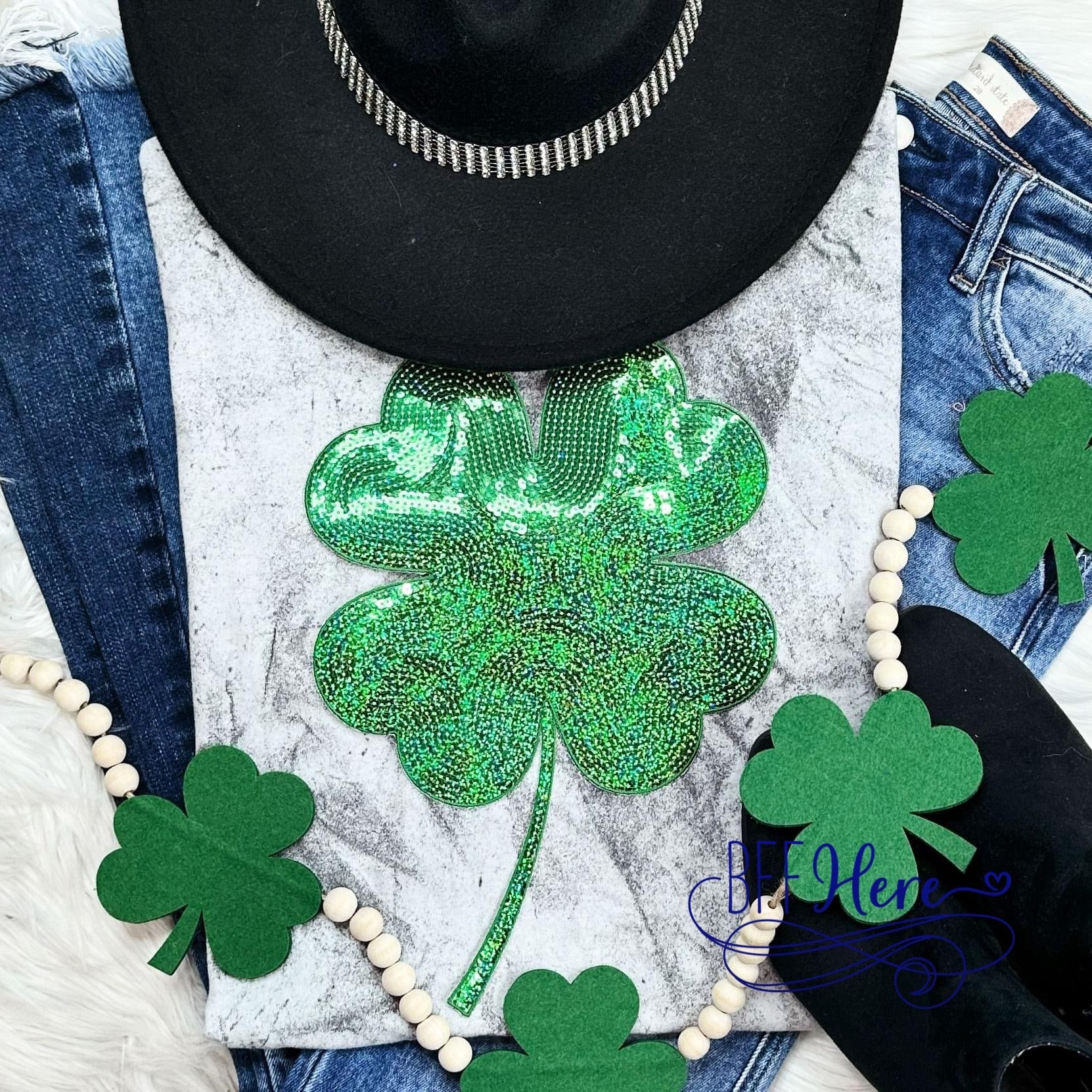 Sparkling Luck: Sequin Shamrock Pigment-Dyed Tee - BFF Here