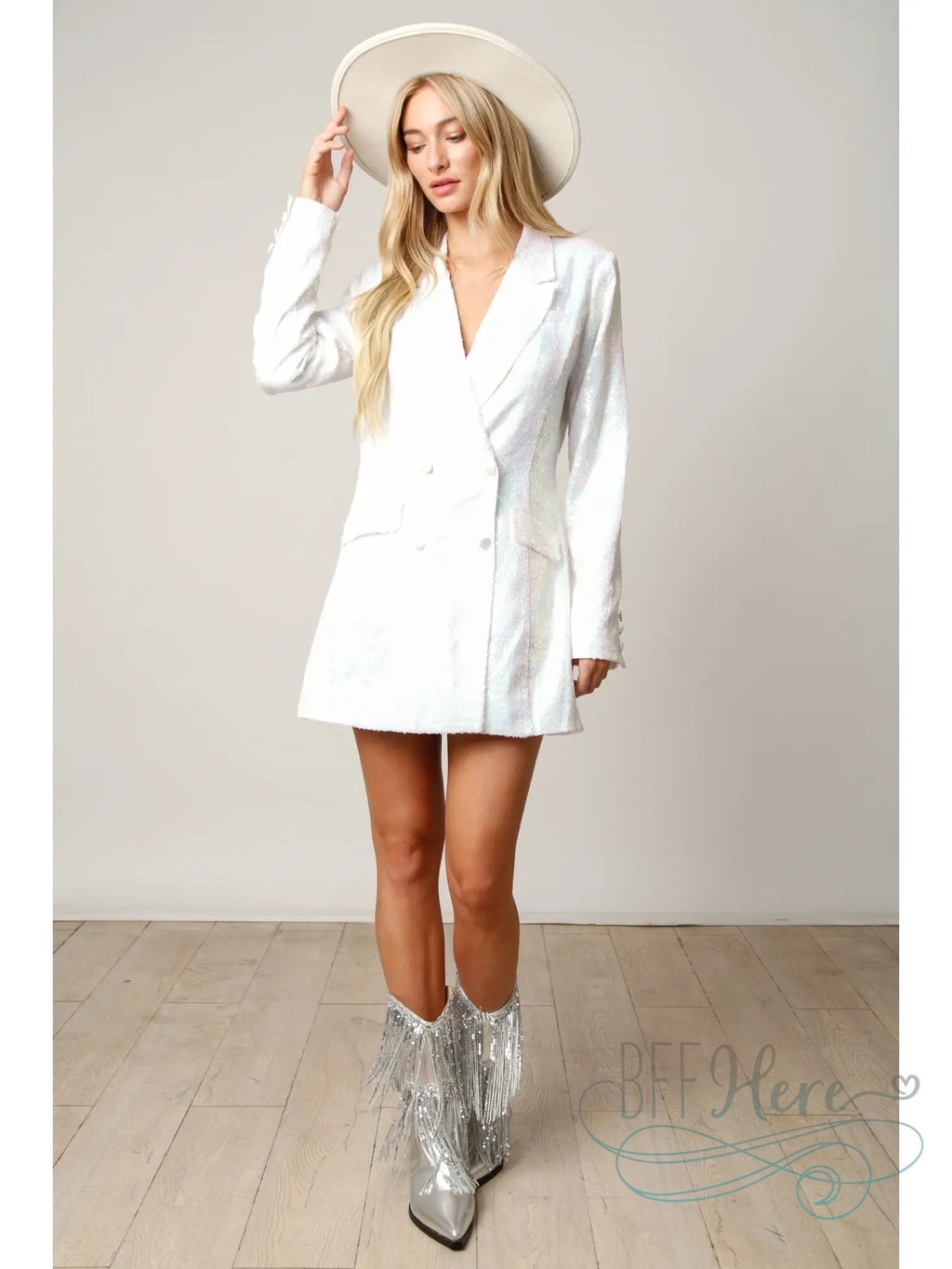 Dazzling Elegance: Sequin-Encrusted Double-Breasted Blazer Dress / Choice of Color - BFF Here