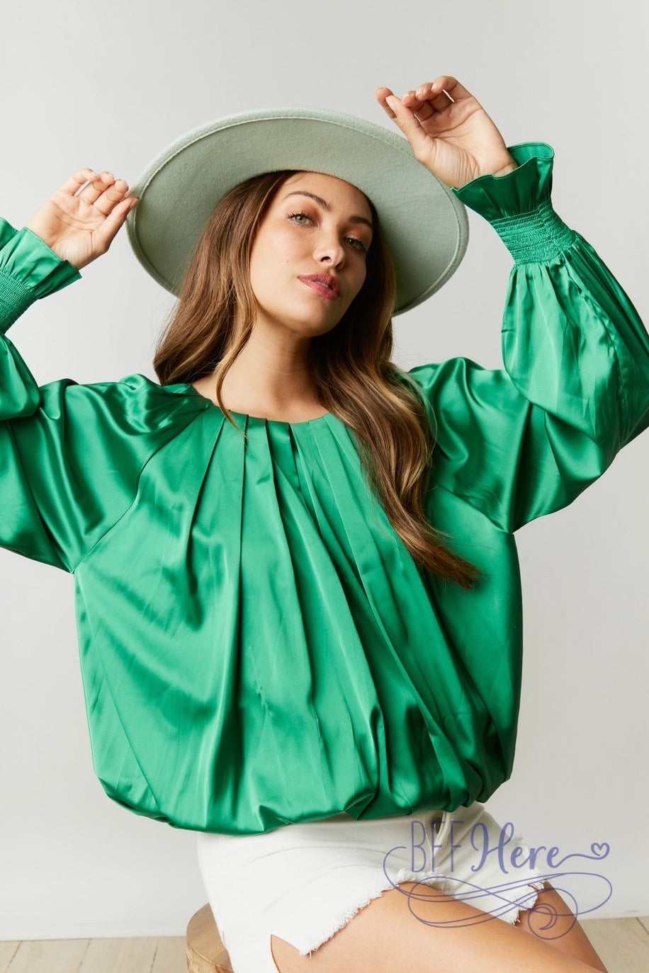 Luxe Satin Blouse Featuring Artisanal Tuck Accents — Kelly Green - BFF Here