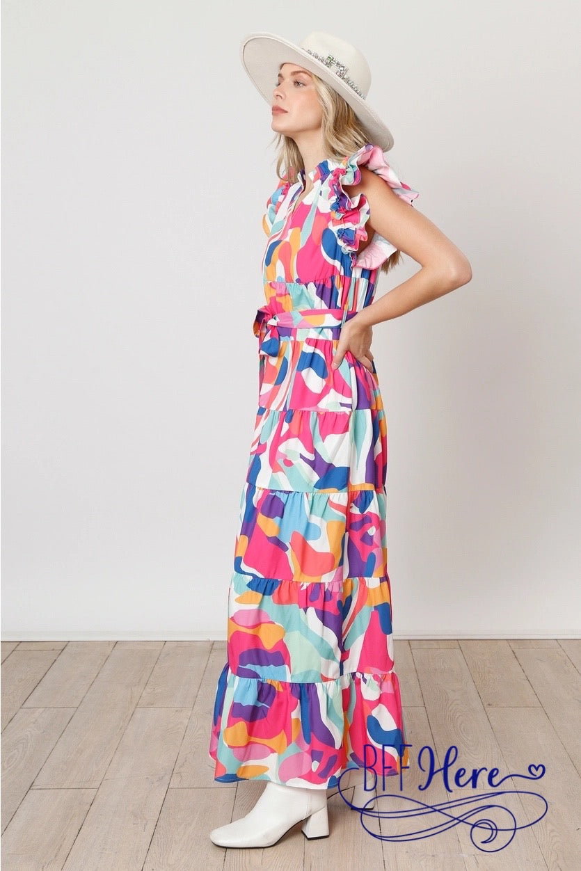 Abstract Artistic Flair: Ruffled Maxi Dress - BFF Here