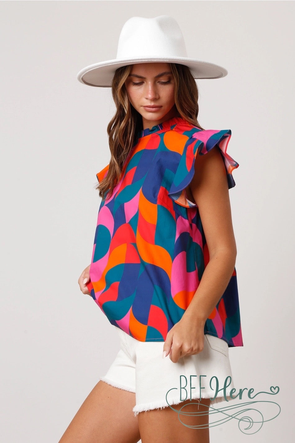 Geometric Grace: Chic Ruffle Neck Top - BFF Here
