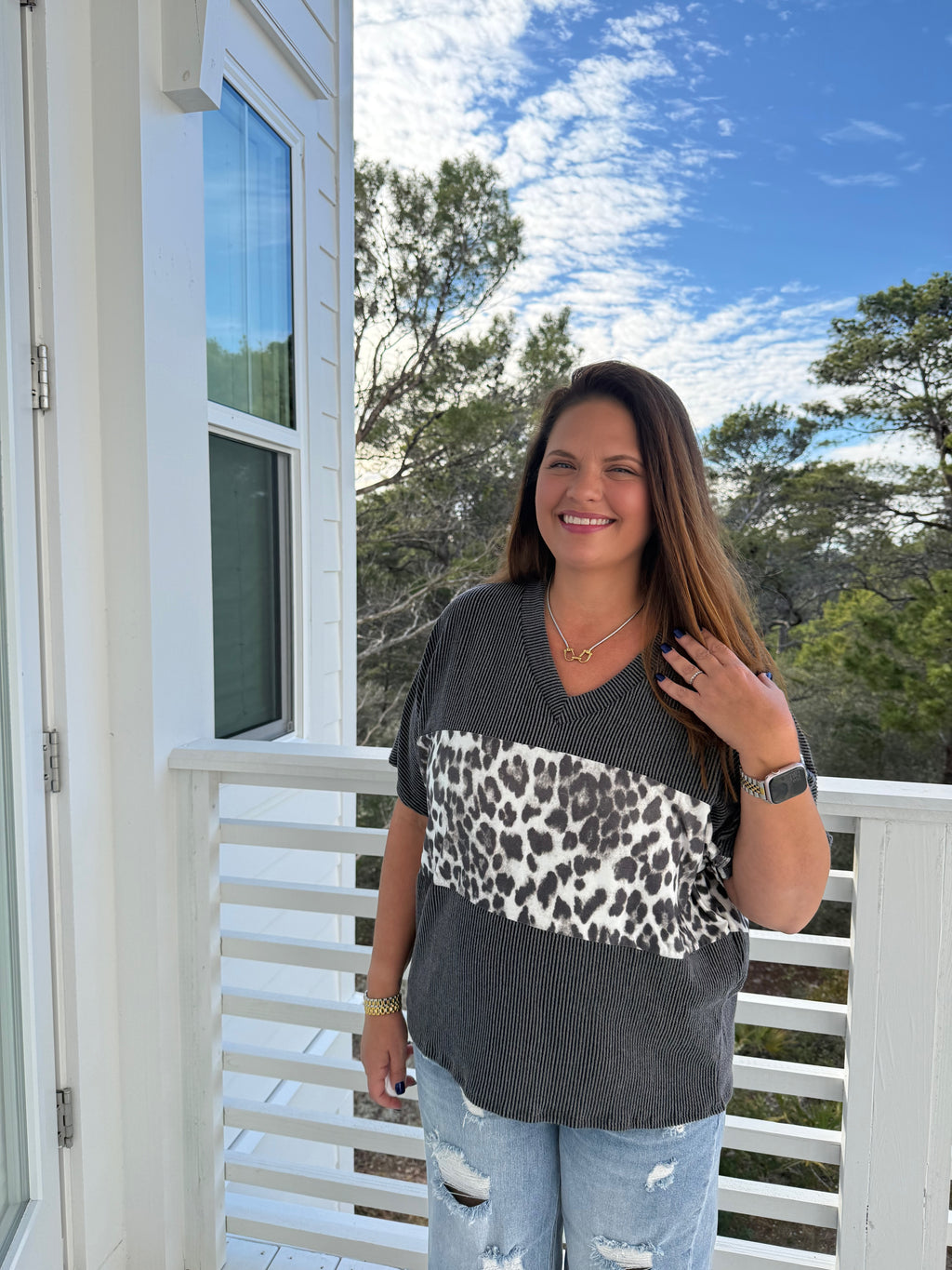 Charcoal Leopard Colorblock V-Neck Top  by Sew In Love (Ships 2-3 weeks) - BFF Here