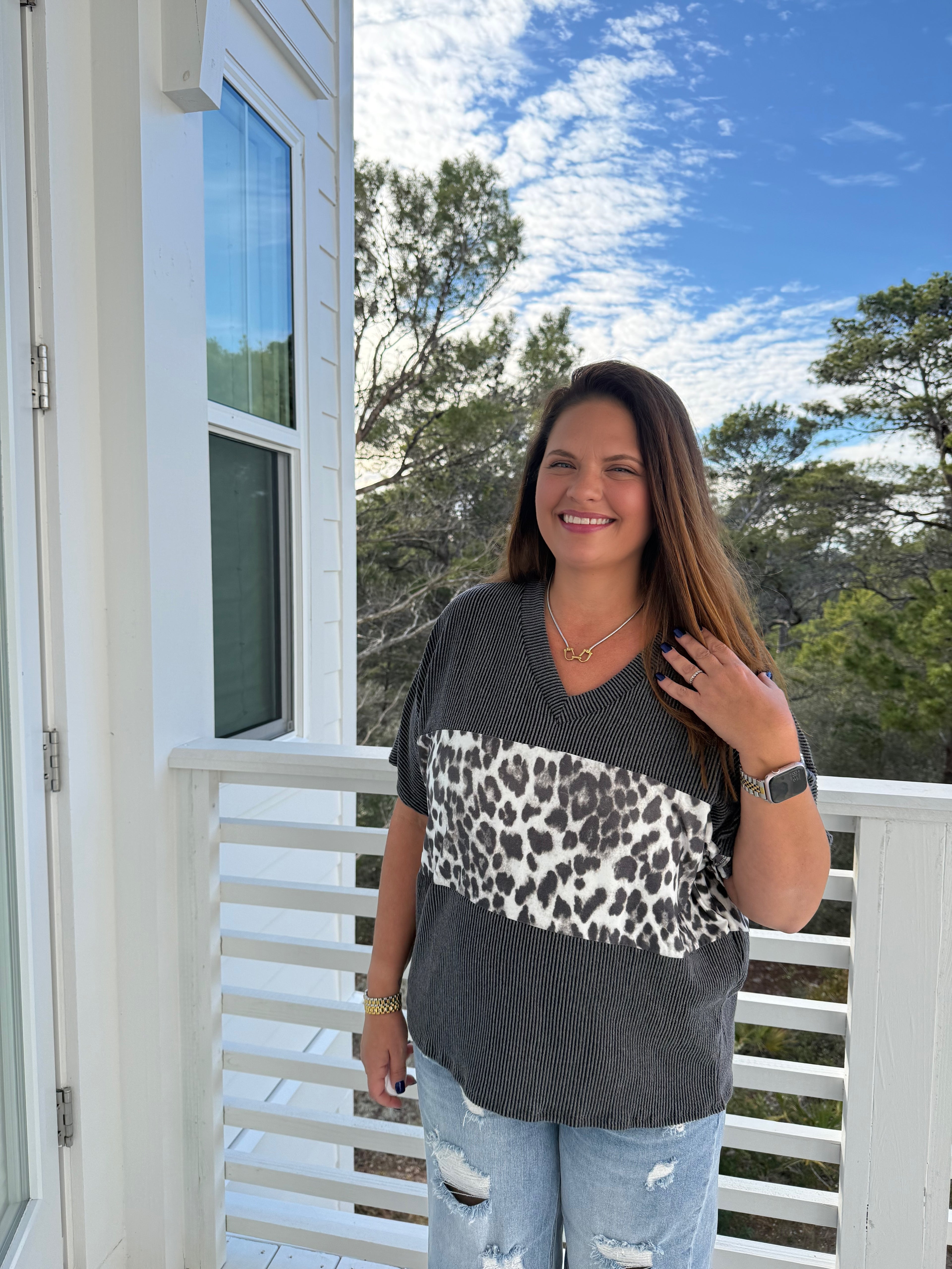 Charcoal Leopard Colorblock V-Neck Top  by Sew In Love (Ships 2-3 weeks) - BFF Here