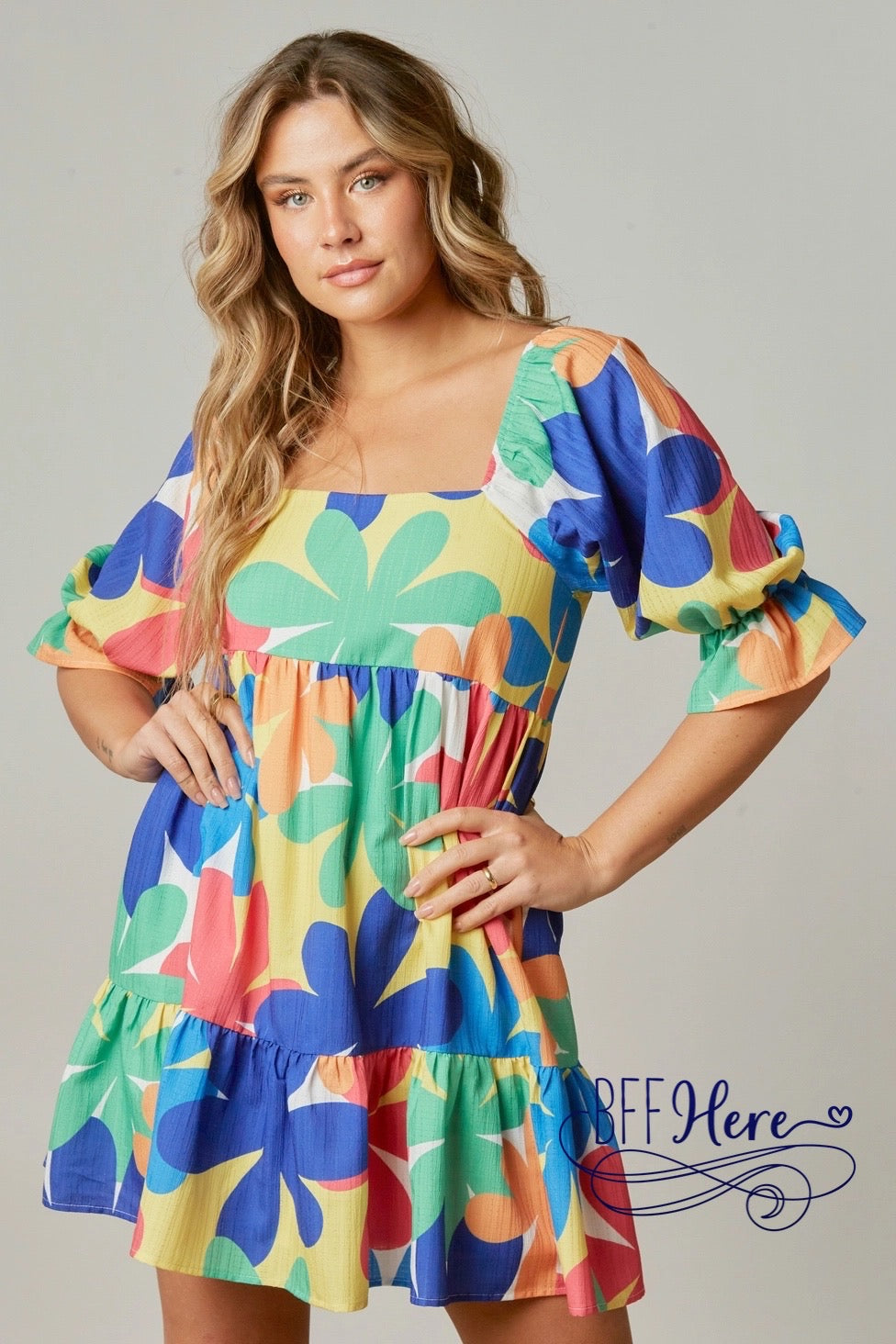 Blooming Spectrum: Multicolor Floral Print Mini Dress - BFF Here