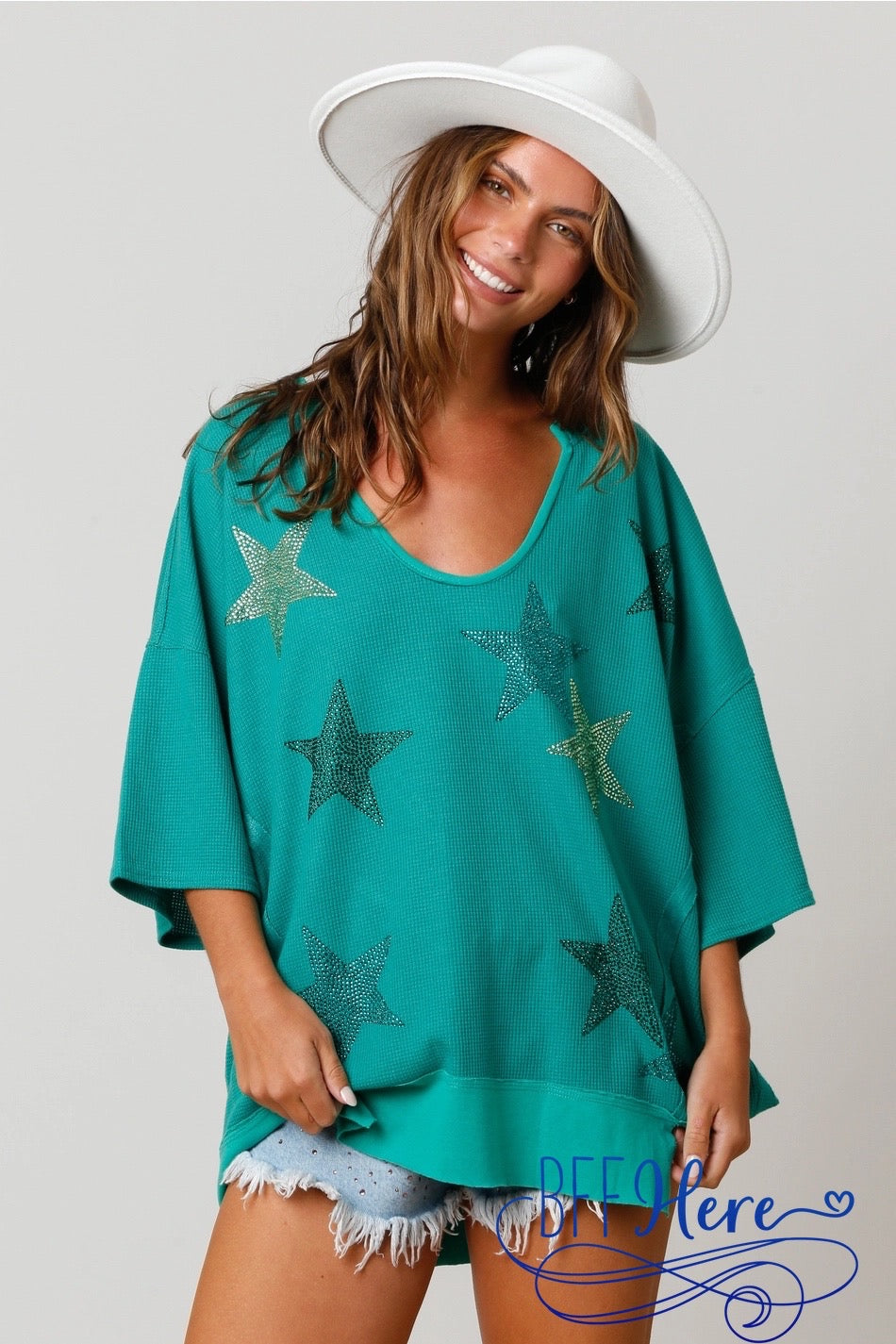 Starry Sparkle: Rhinestone Stars Deep U-Neck Pullover - BFF Here