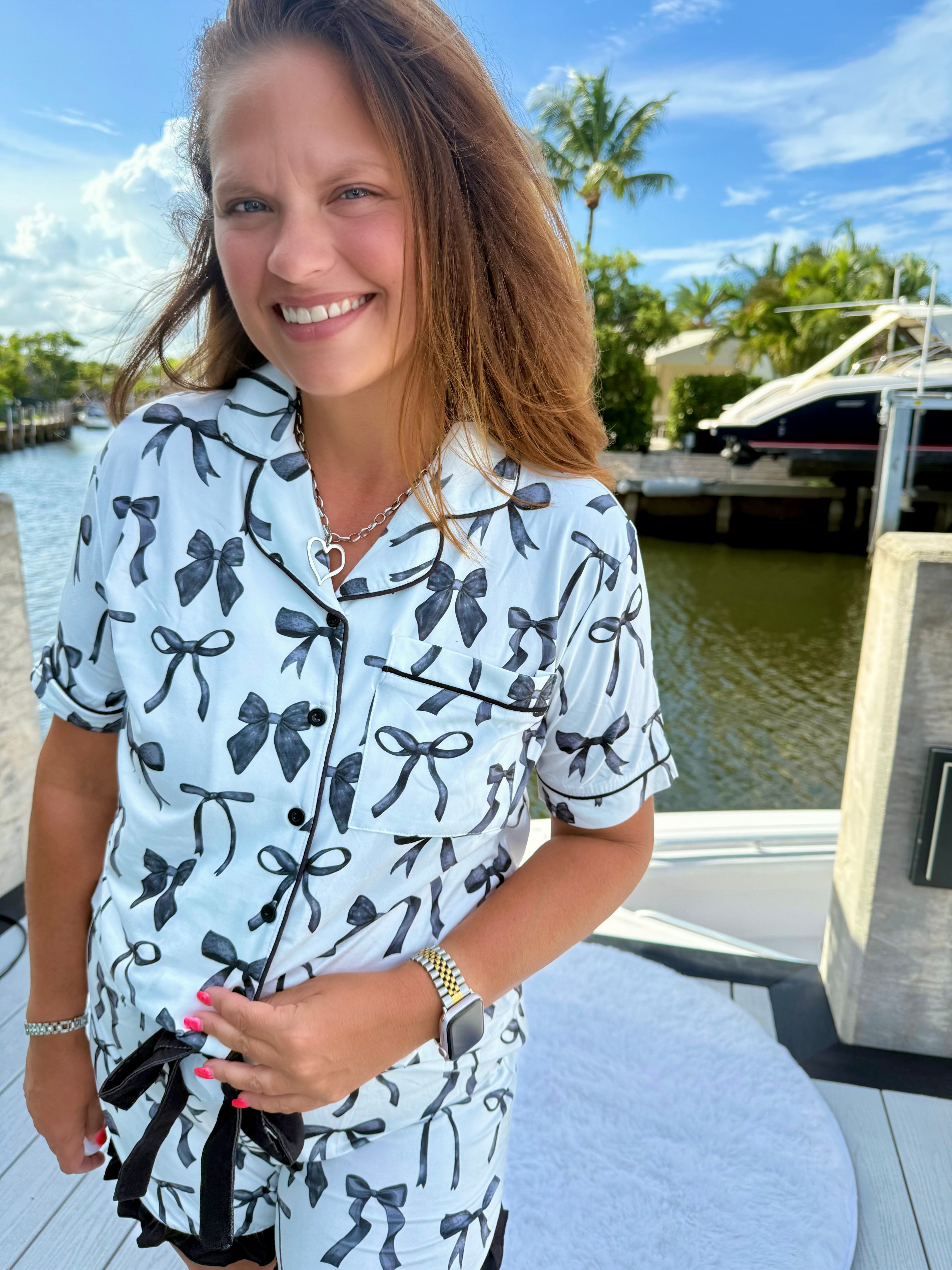 Midnight Bow Short Sleeve Ruffle Pajama Set by Jess Lea - BFF Here