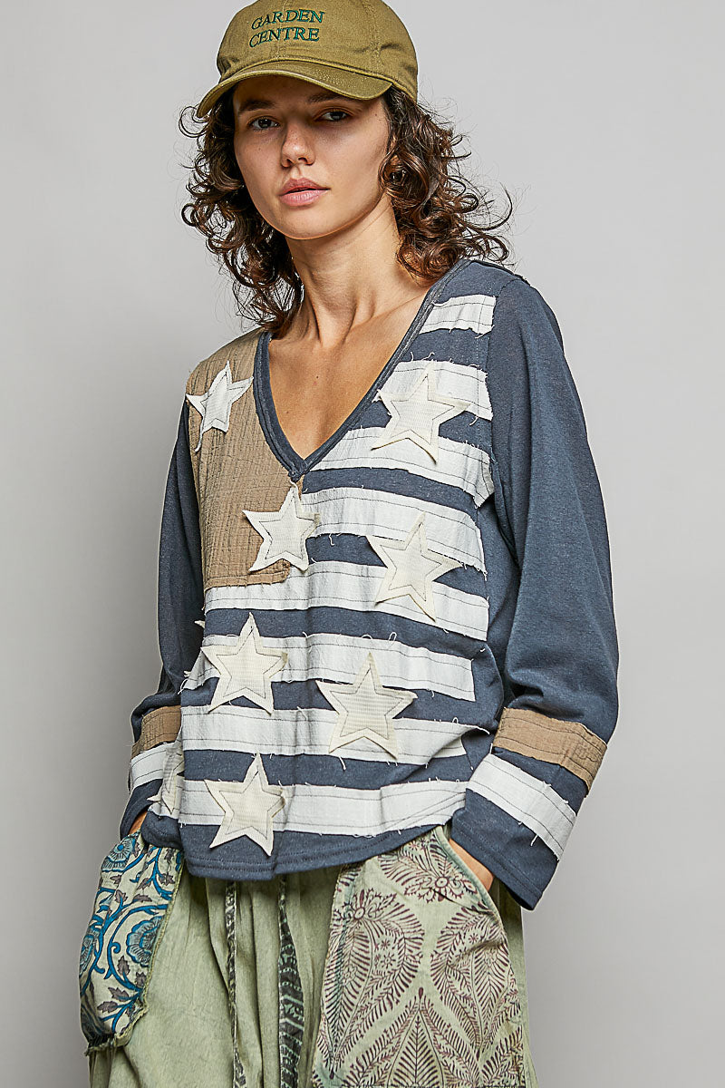 Vintage Washing V-Neck American Flag Patch Long Sleeve Top by POL (Ship time varies) - BFF Here