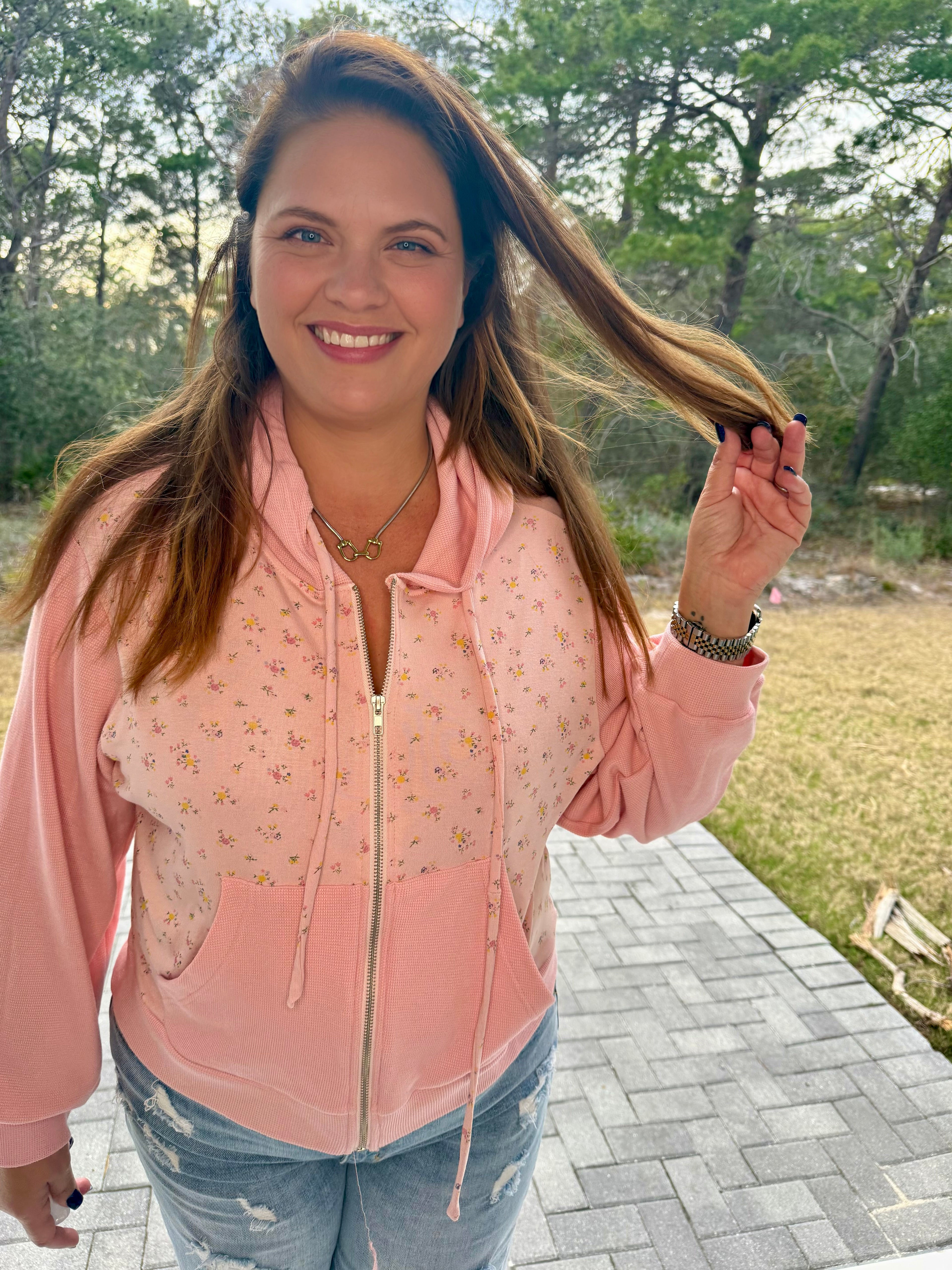 Thermal Contrast Cozy Texture Floral Print Knit Hoodie Top by POL (Ships 2-3 weeks) - BFF Here