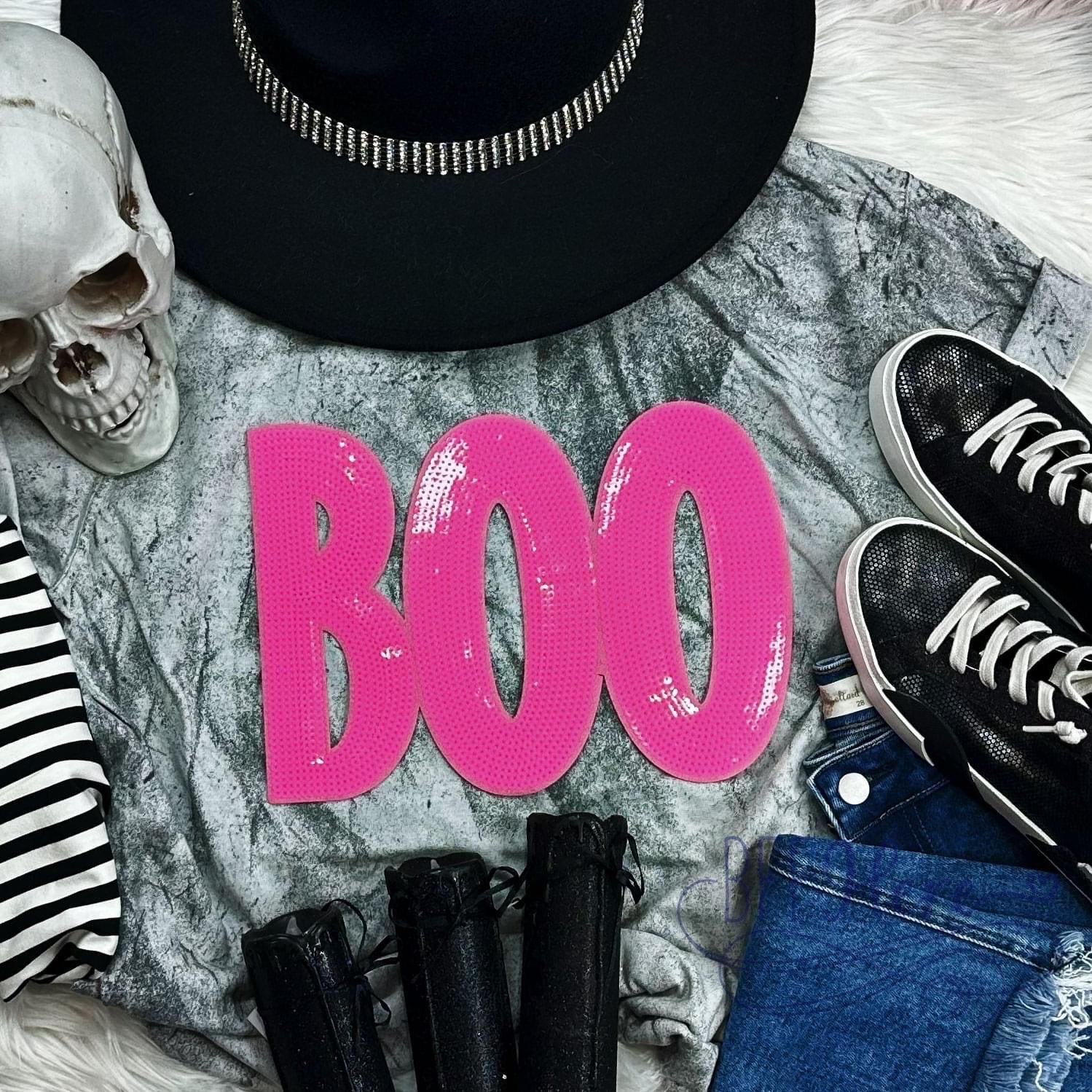 Glitzy Pink 'BOO!' Bash: Sequined Tee - BFF Here