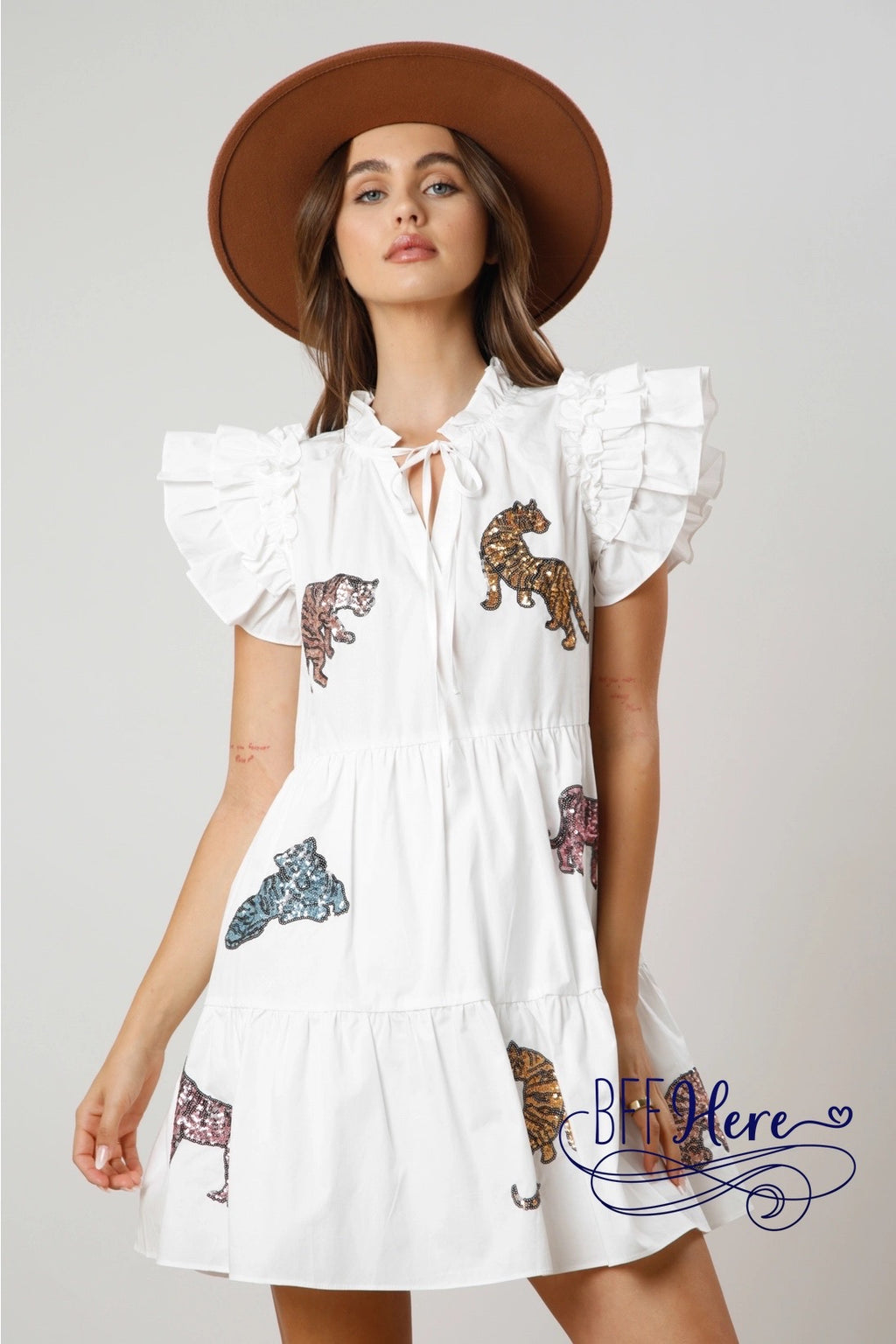 Glittering Jungle: Sequin Tiger Tiered Mini Dress / Choice of Color - BFF Here