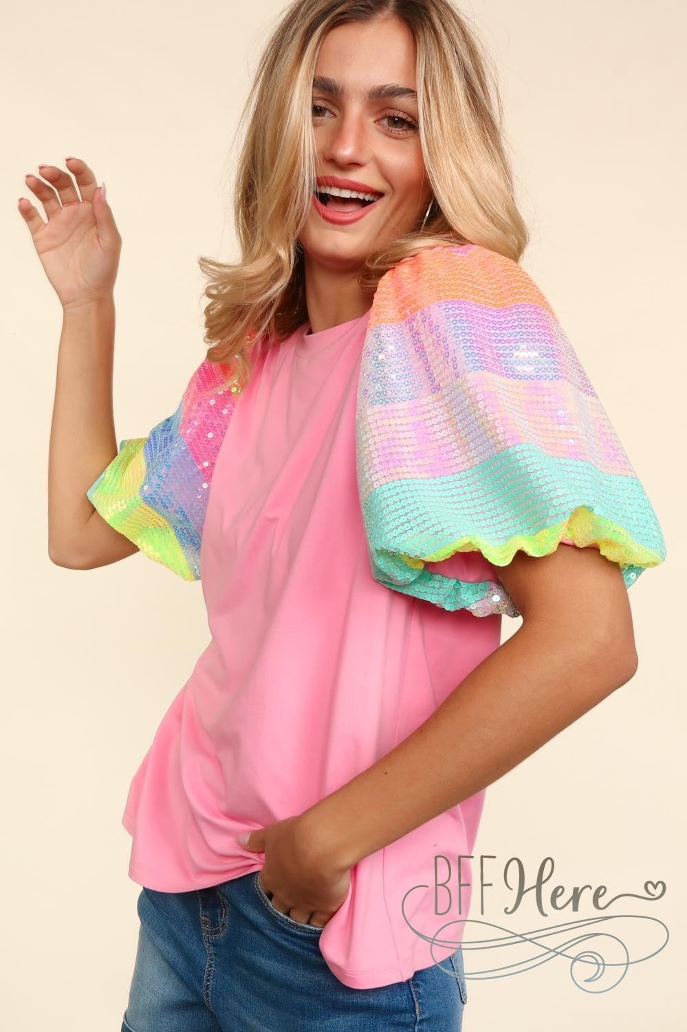 PREORDER: Sparkle Splash: Bubblegum Pink Tee with Sequin Sleeves (Ships Middle of May) - BFF Here