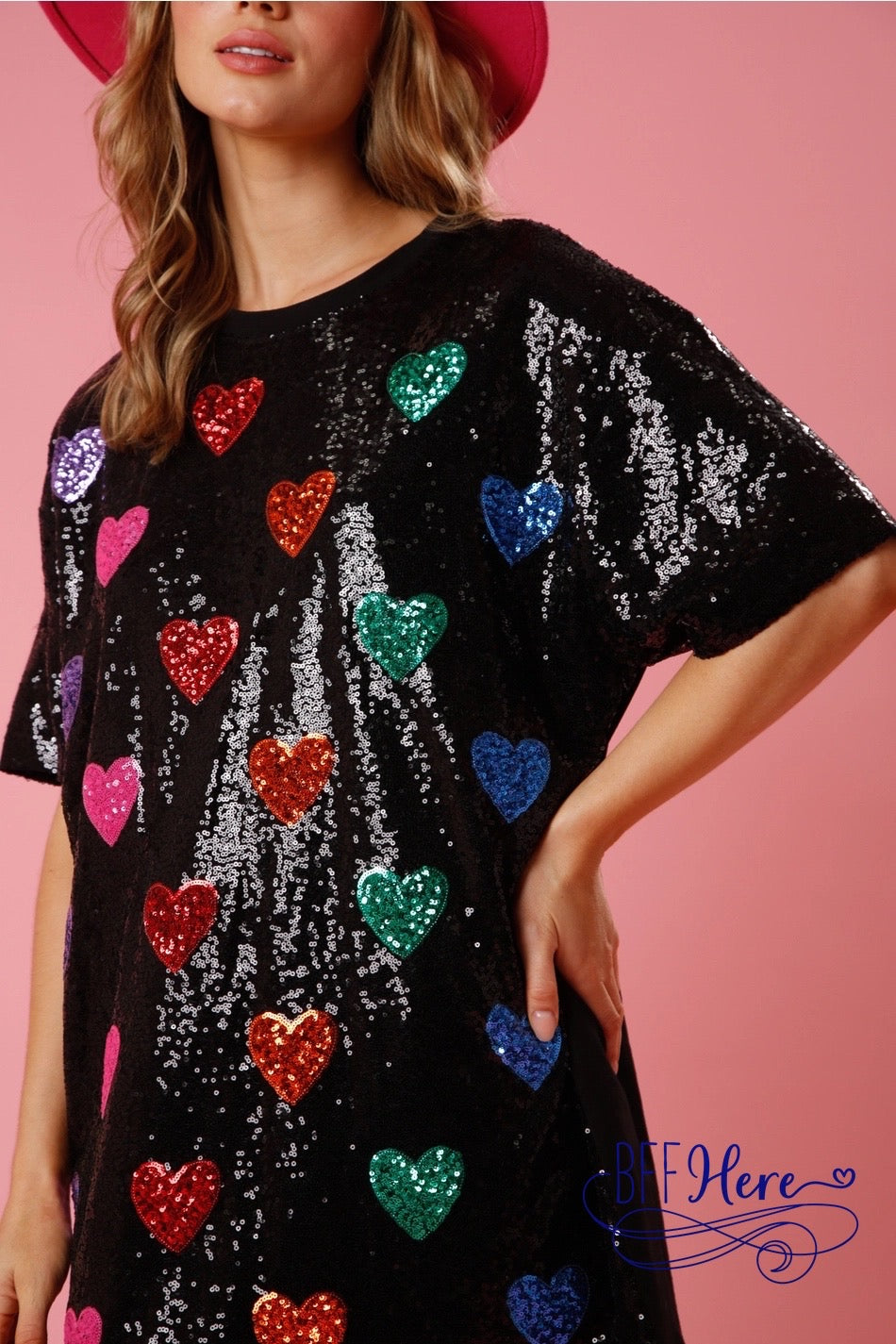 Color Burst: Rainbow Hearts Sequin T-Shirt Dress - BFF Here