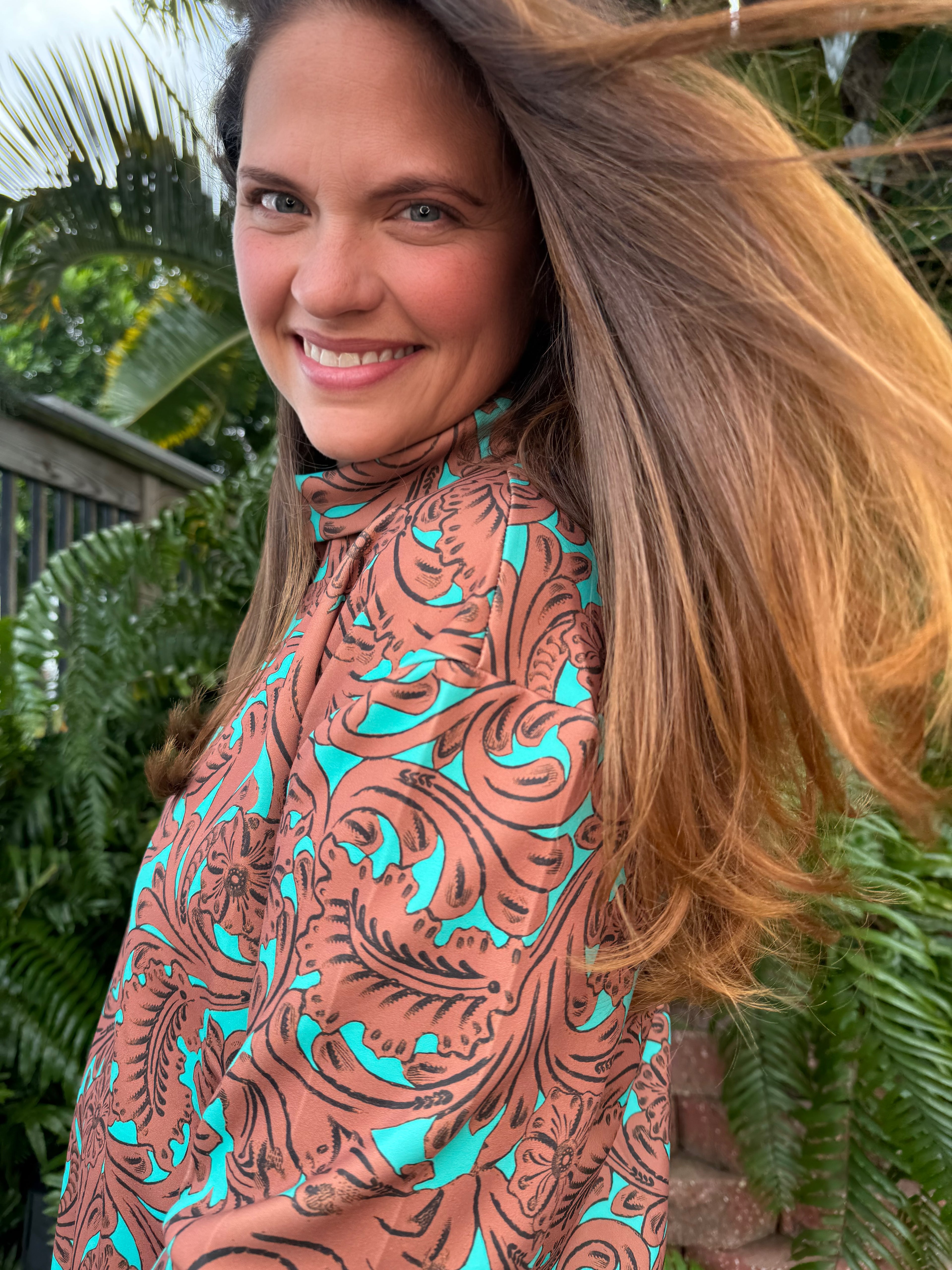 Turquoise Tooled Mock Neck Top by Sterling Kreek - BFF Here