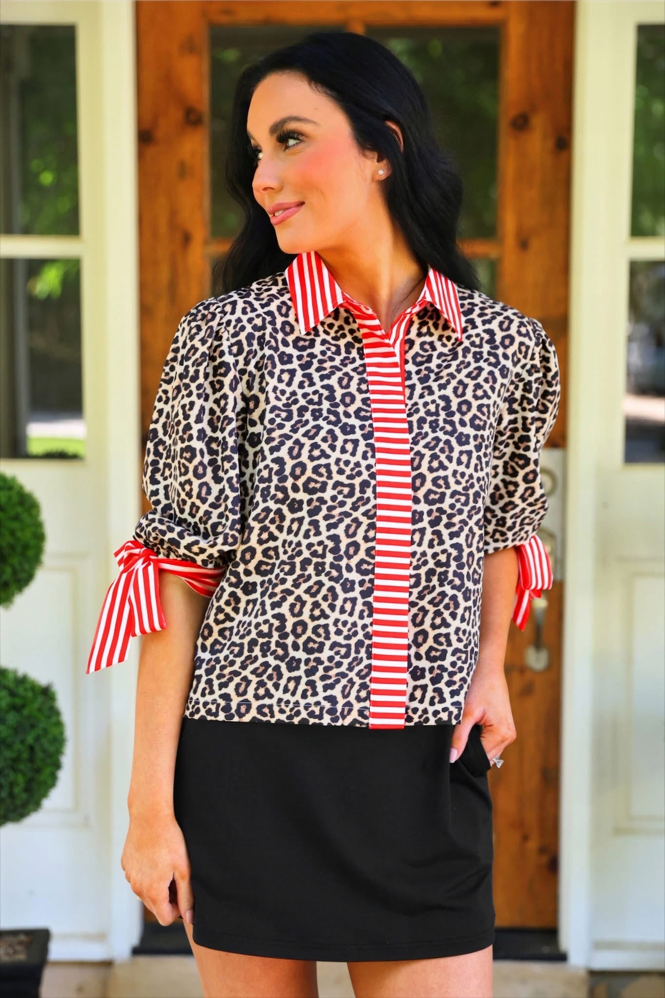 PREORDER: Cassidy Tie Sleeve Top —  Leopard / Red Stripes by Jess Lea (ETA: July)