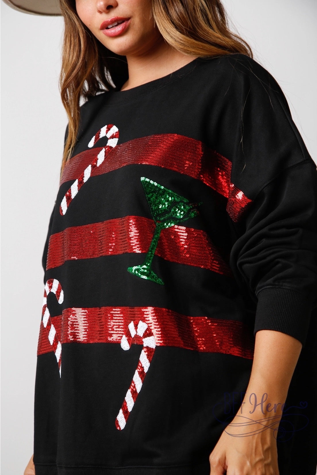 Sips & Stripes: Candy Cane and Holiday Drink Sequin Sweatshirt (Cream Ships Beginning Of November) - BFF Here