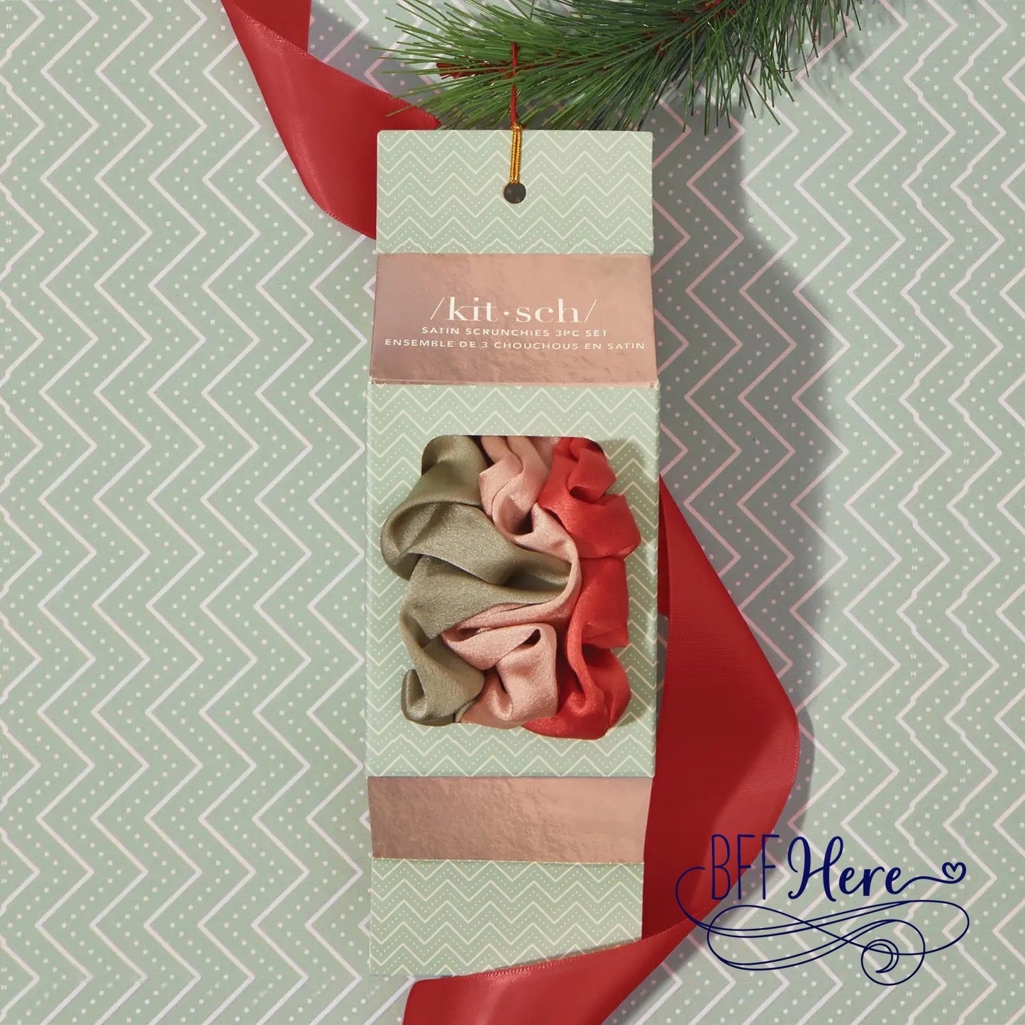 Holiday Ornament Satin Scrunchies 3pc Set- Pinksettia - BFF Here