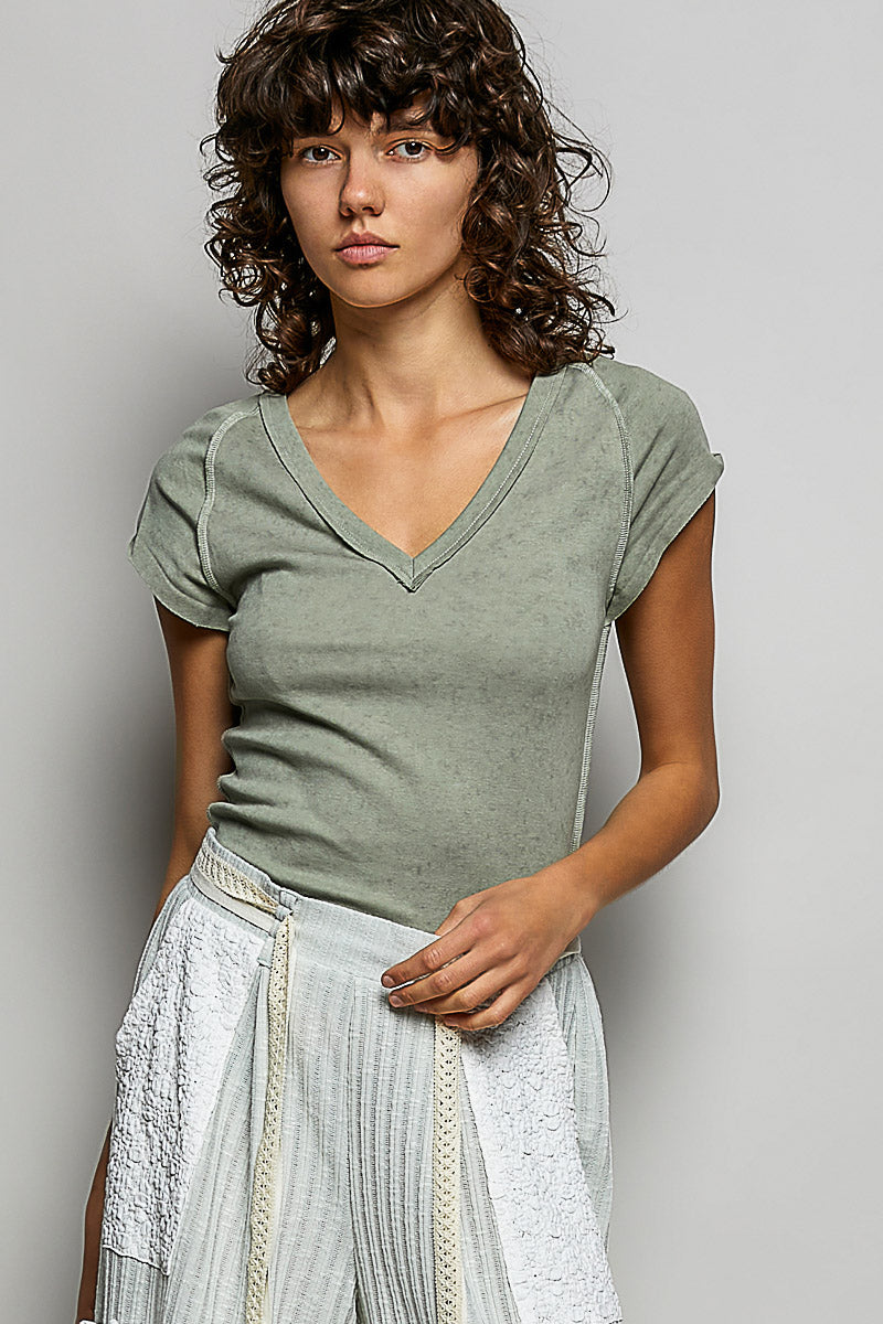 Vintage Wash V Neck Cotton Slim Fit Tee Top by POL (Ships 2-3 weeks) - BFF Here