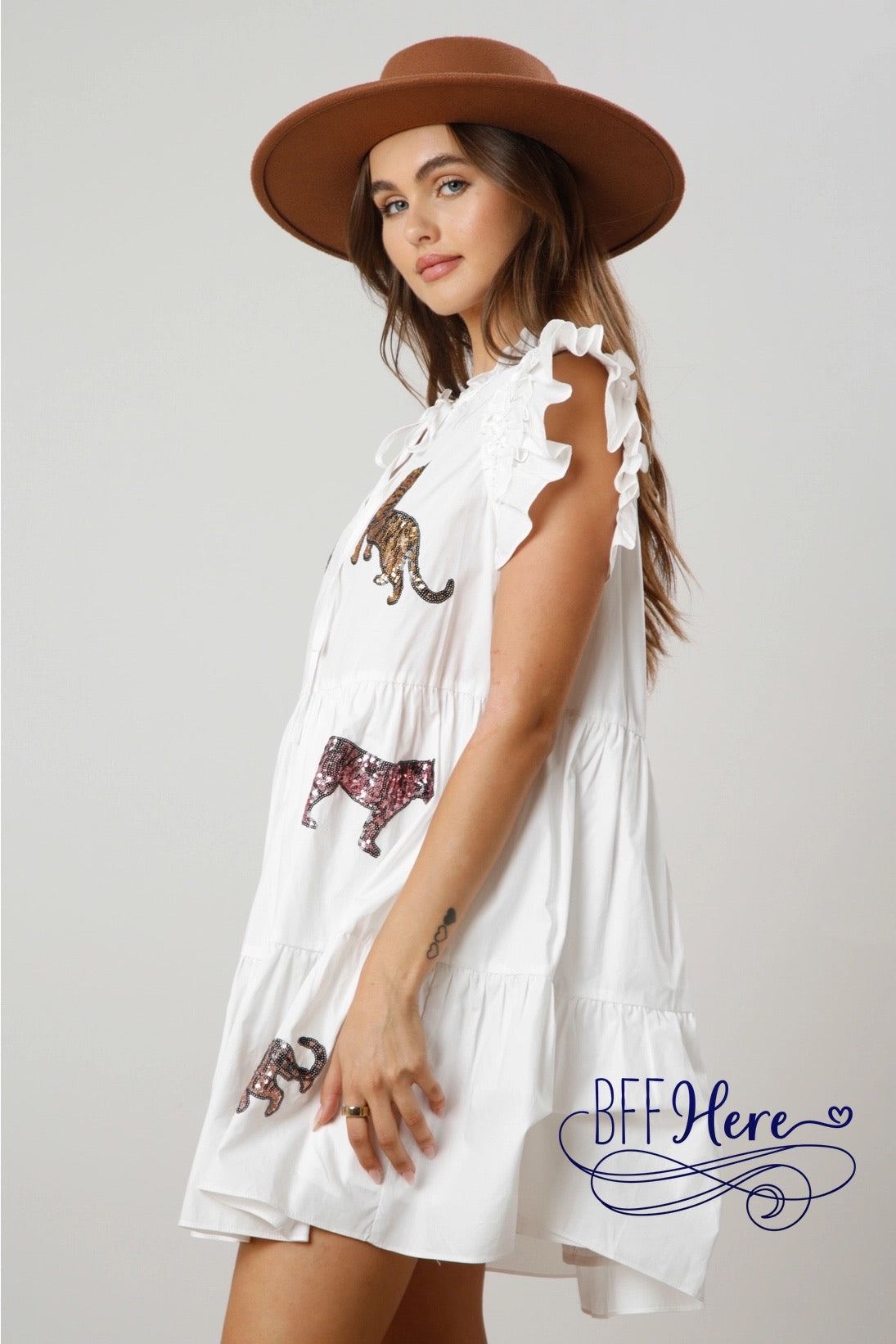 Glittering Jungle: Sequin Tiger Tiered Mini Dress / Choice of Color - BFF Here