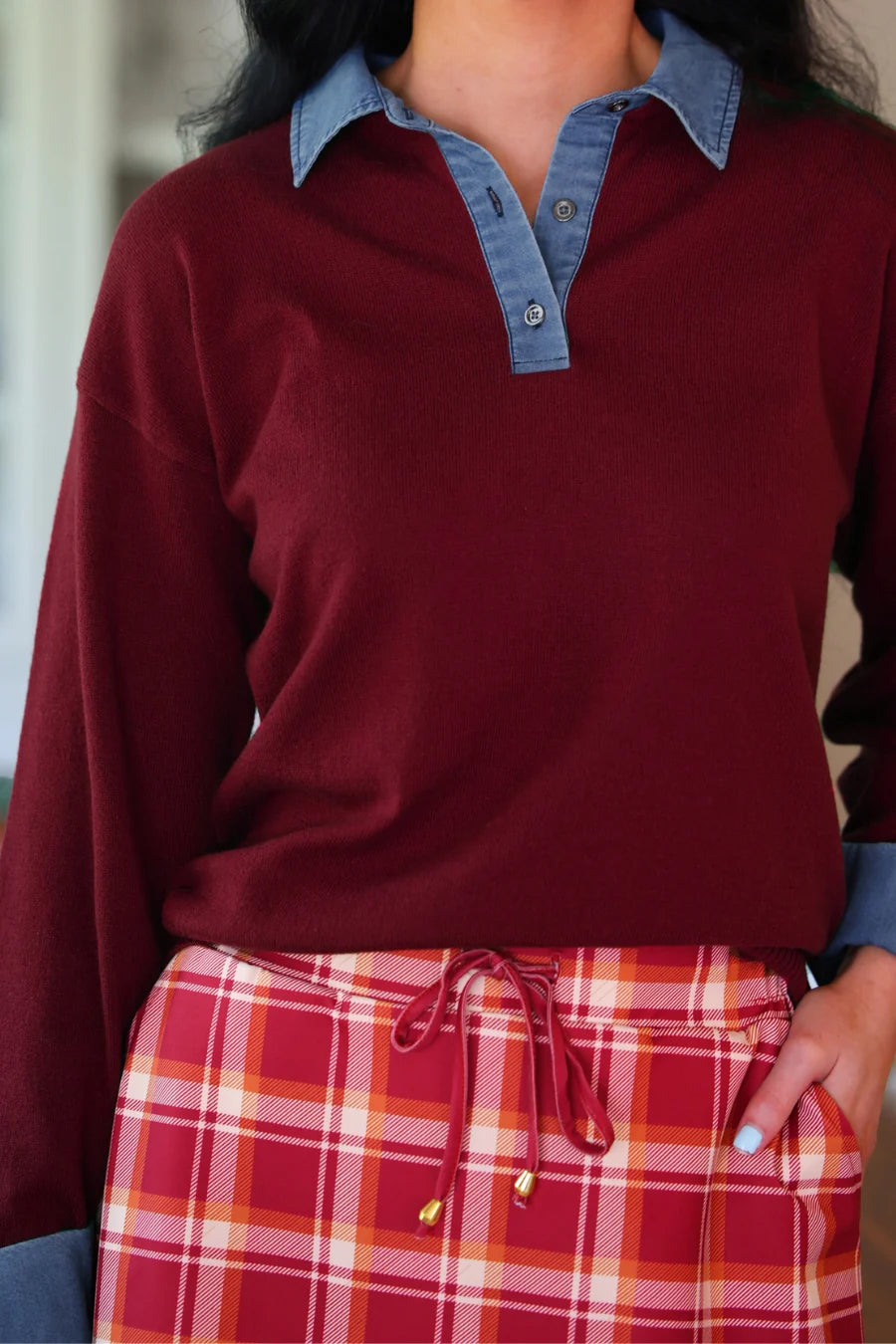 PREORDER: Denim Trim Knit Sweater / Burgundy  by Jess Lea  (ETA: September)