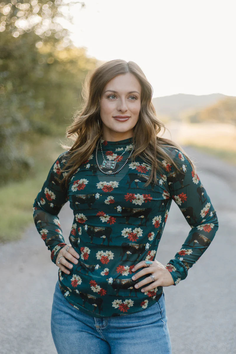 Poinsettias On The Prairie Mesh Top by Sterling Kreek - BFF Here