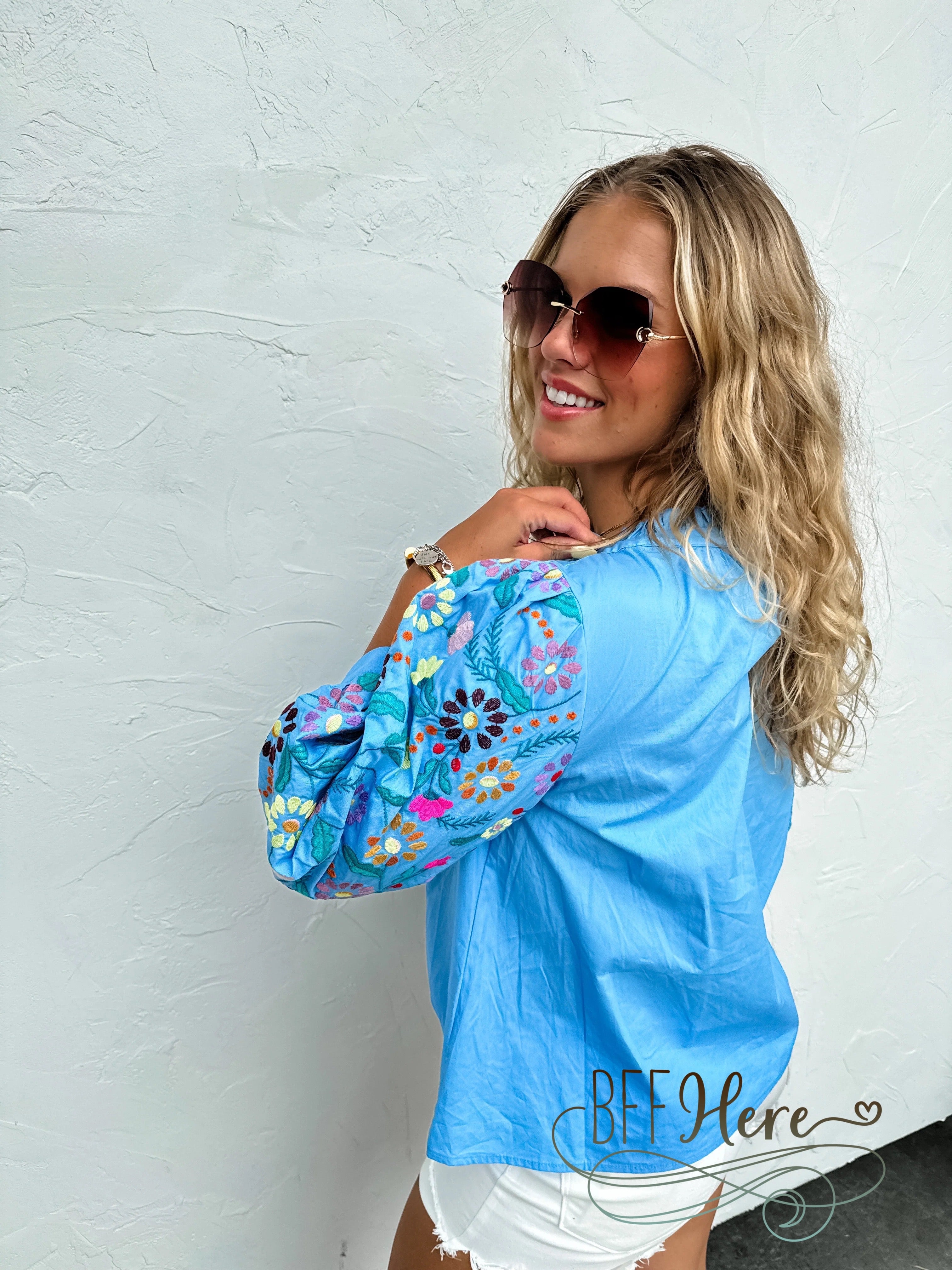 Summer Breeze Top:  With Vibrant Floral Embroidered Sleeves / Choice of Color - BFF Here