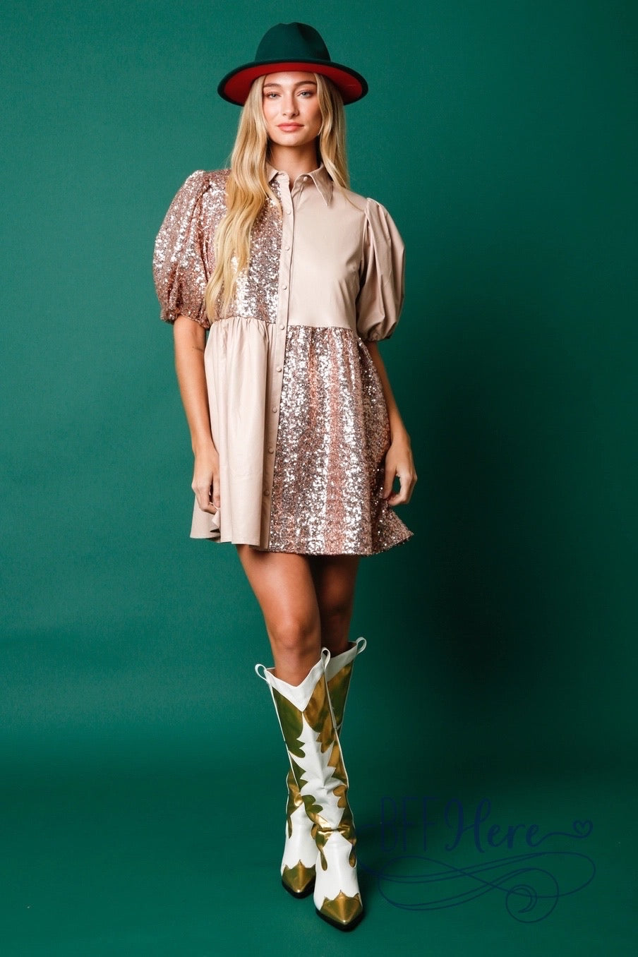 Dazzling Diva: Sequined Top & Faux Leather Babydoll Dress - BFF Here