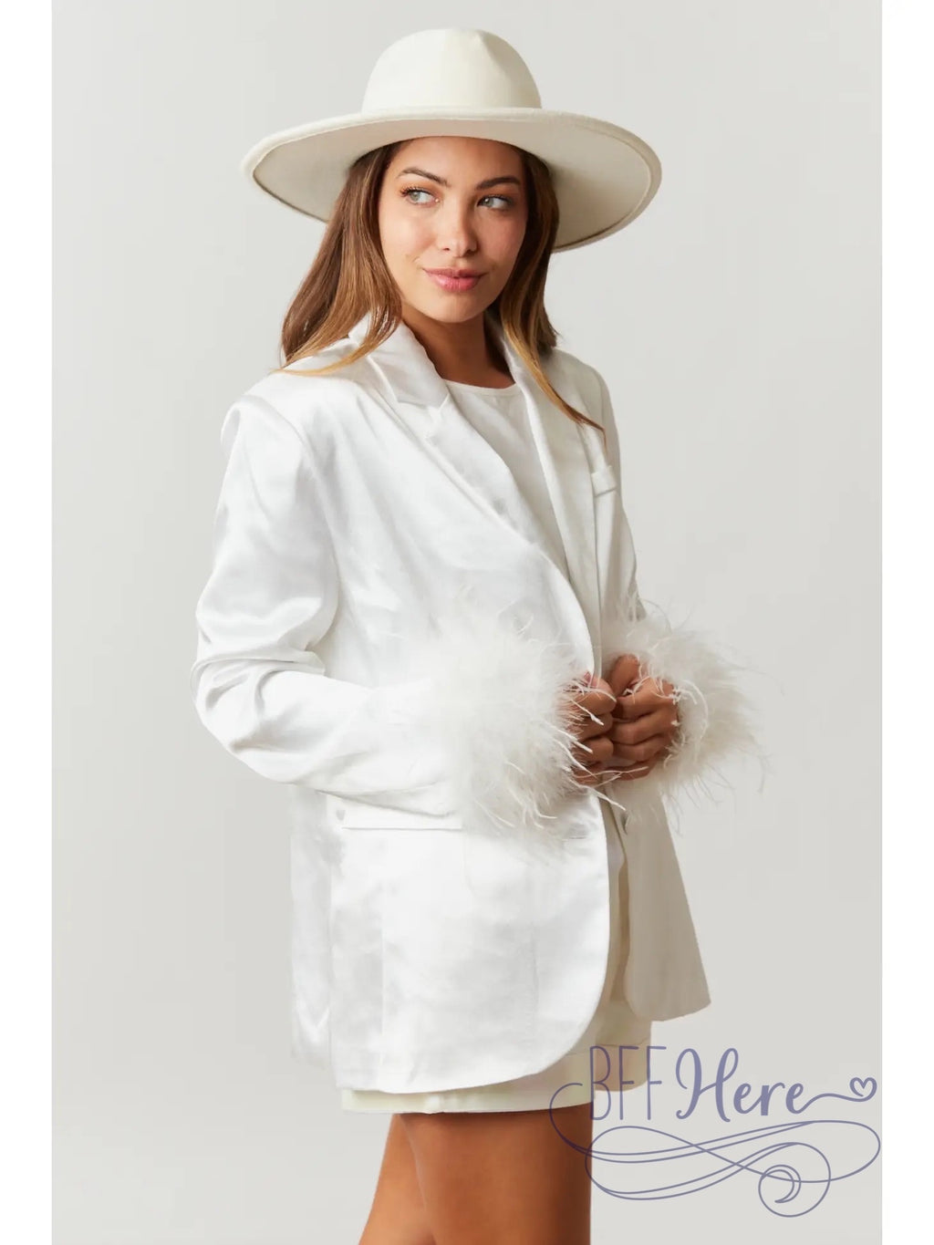 Glamorous Satin Blazer with Sleek Fur-Edged Sleeves - BFF Here