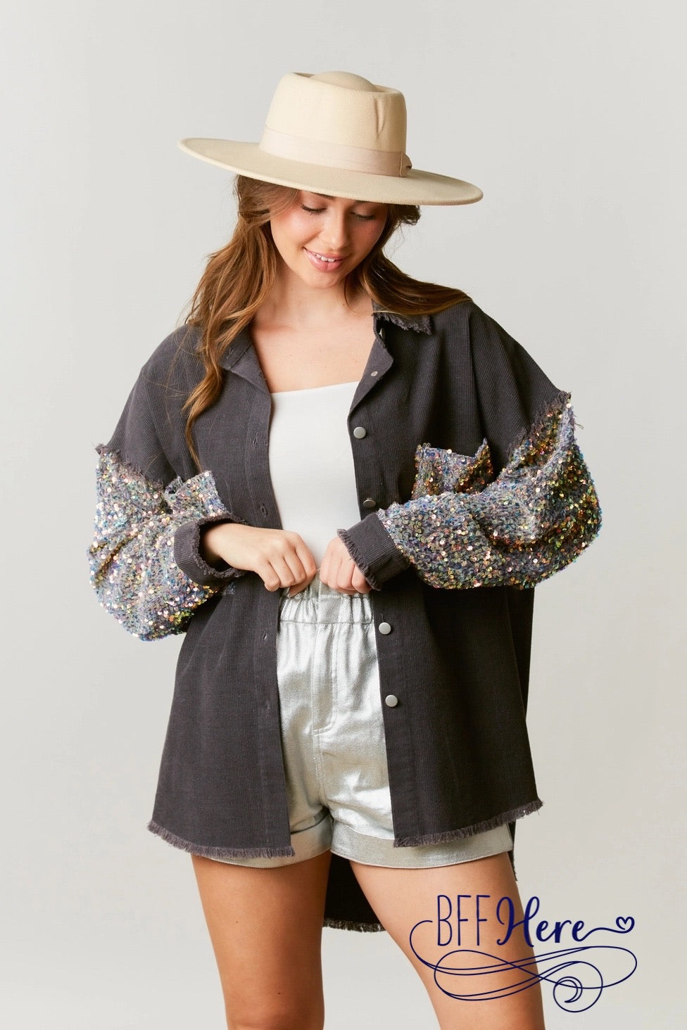 Sequin Sparkle Corduroy Shacket: Embellished Pockets & Sleeves - BFF Here