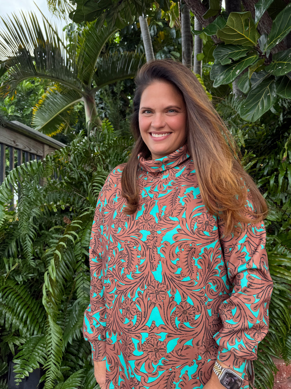 Turquoise Tooled Mock Neck Top by Sterling Kreek - BFF Here