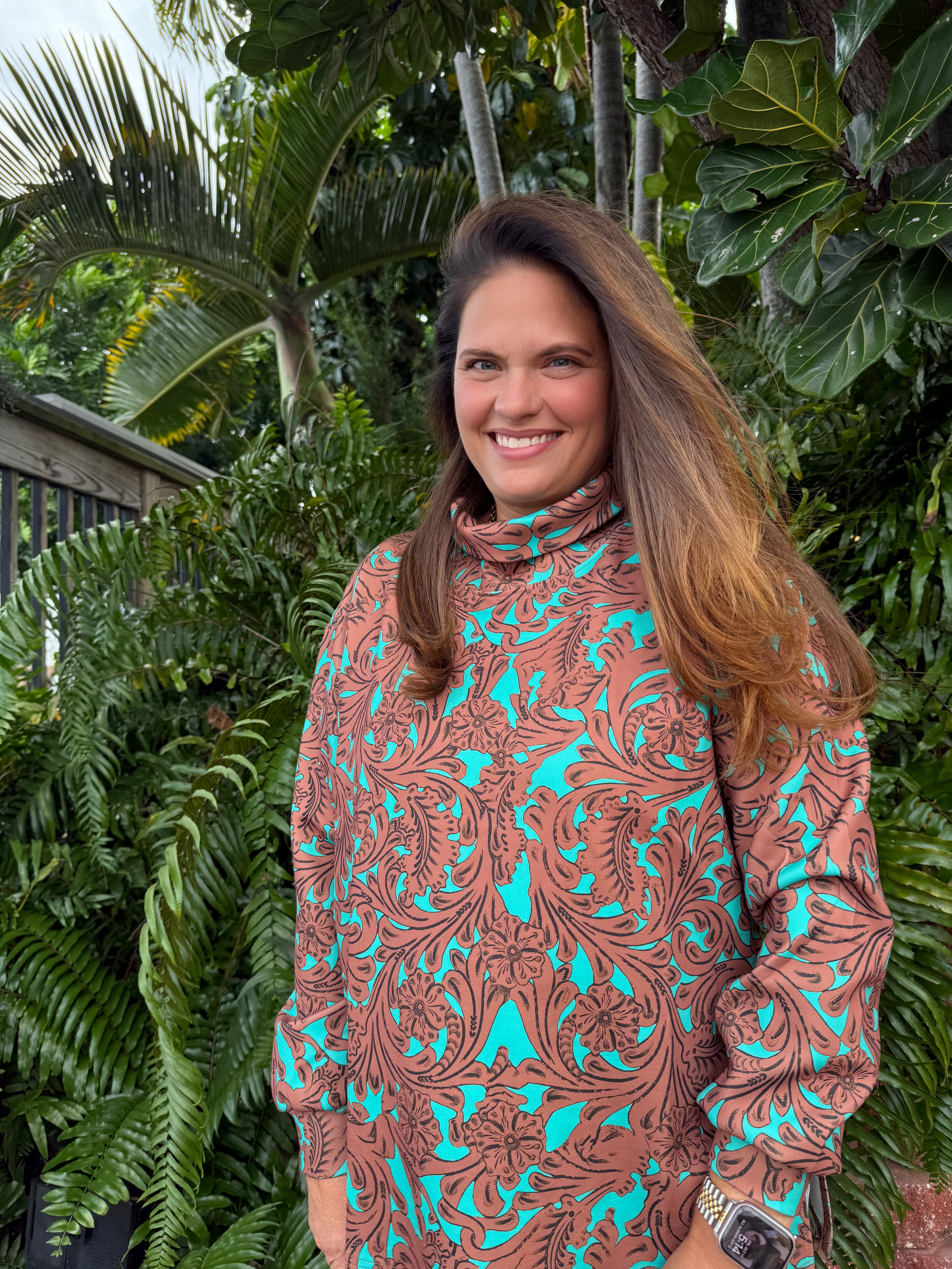 Turquoise Tooled Mock Neck Top by Sterling Kreek - BFF Here