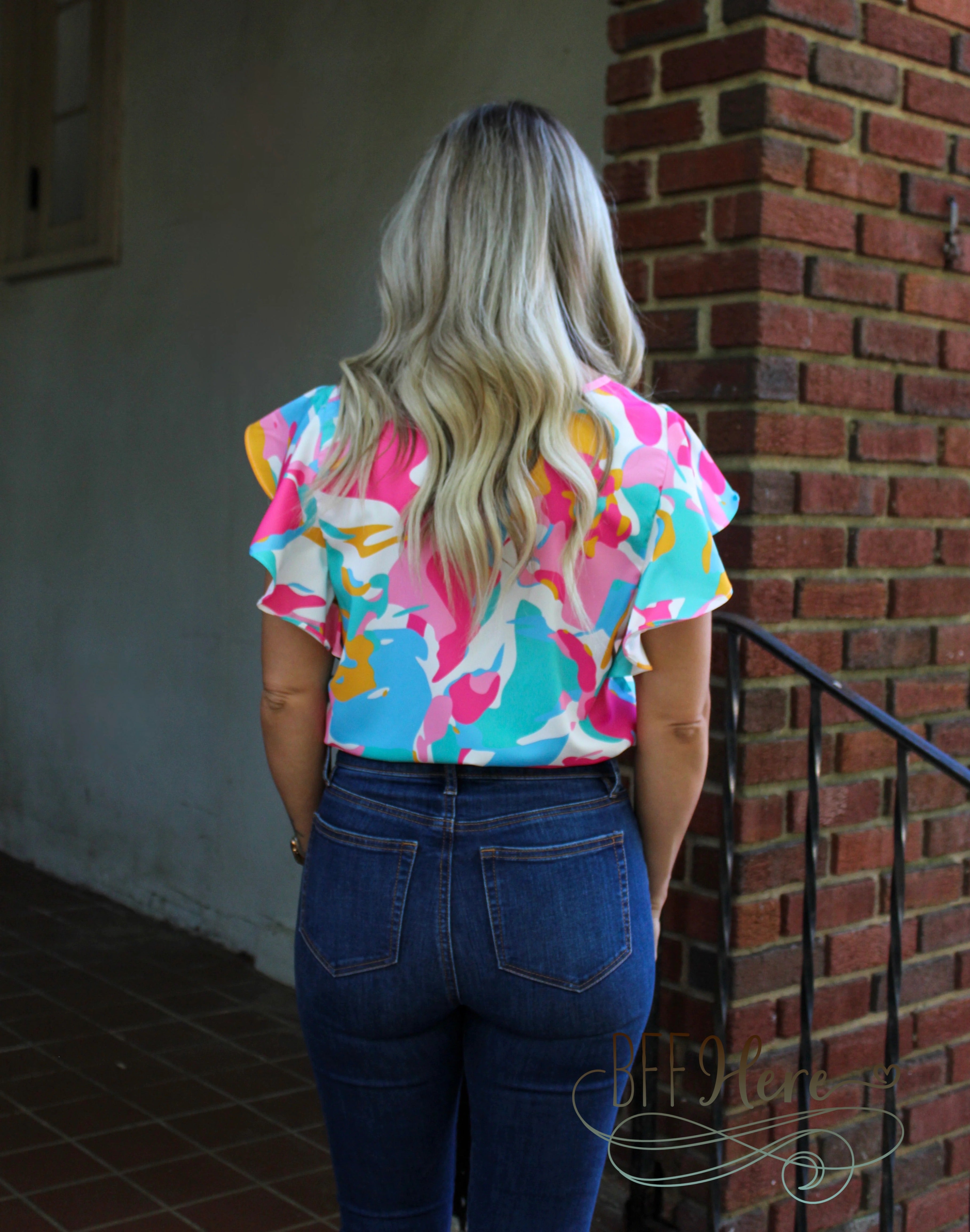 PREORDER: Tropical Breeze: Ruffle Sleeve Colorful Blouse (Ships Beginning of July) - BFF Here