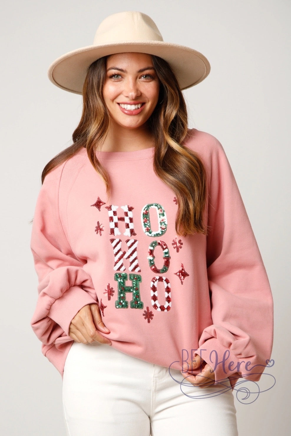 Jolly & Dazzling: Sequin 'Ho Ho Ho' Christmas Sweatshirt / Choice of Color - BFF Here
