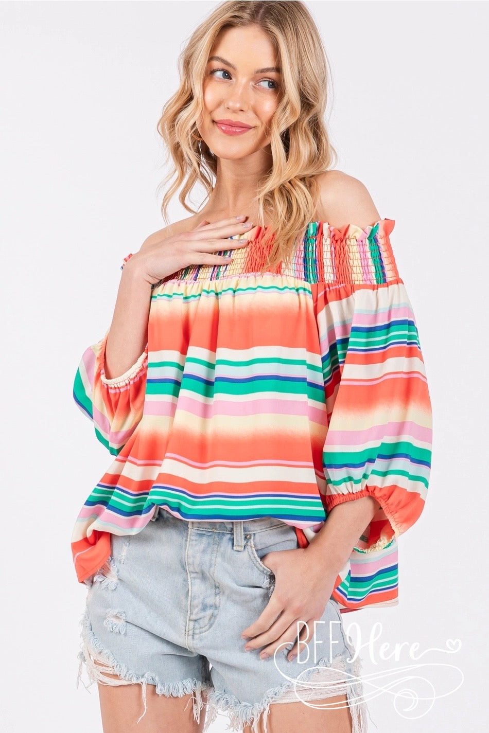 Sunset Stripes: Off-Shoulder Boho Blouse / Choice of Color - BFF Here