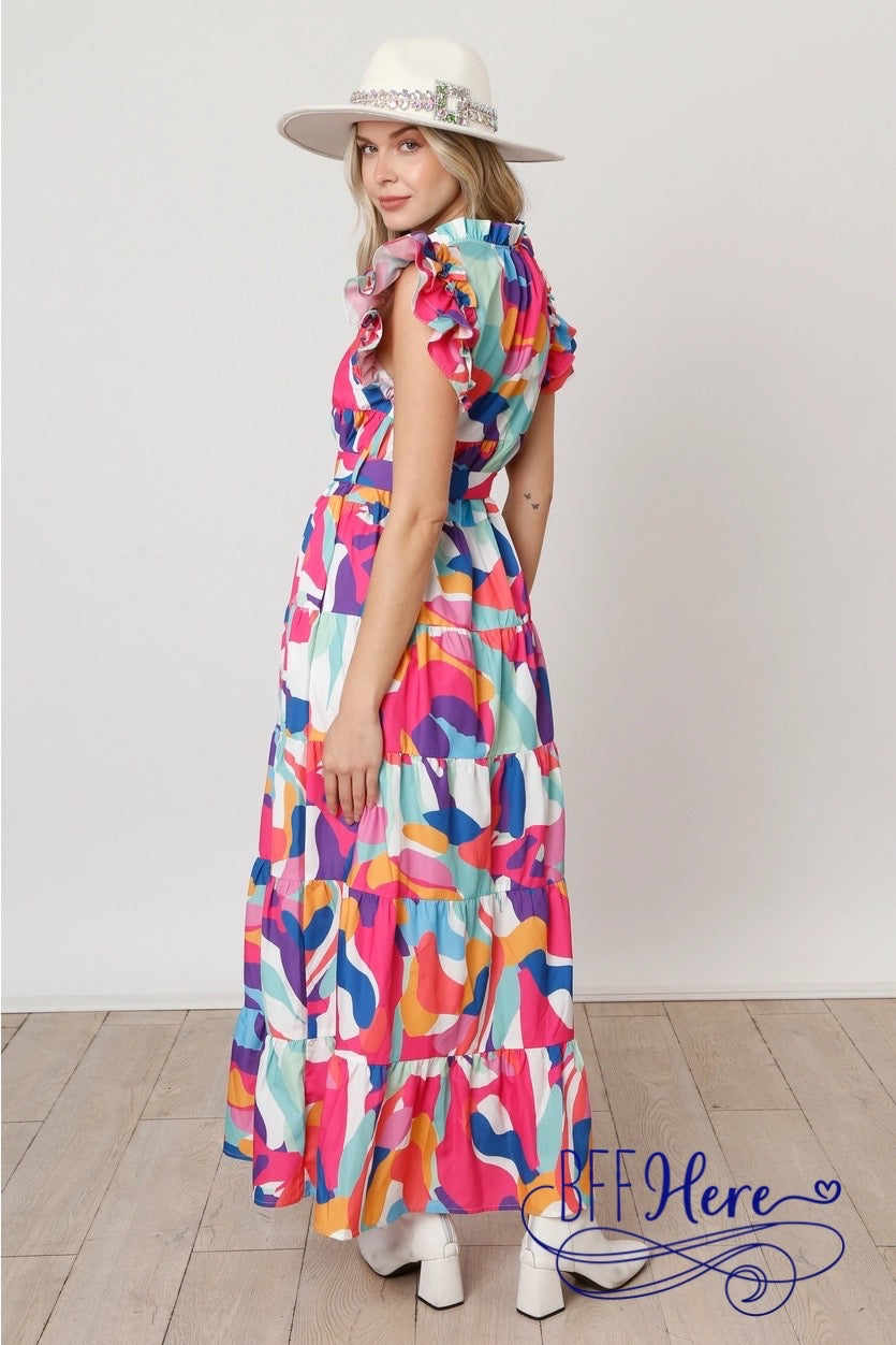 Abstract Artistic Flair: Ruffled Maxi Dress - BFF Here