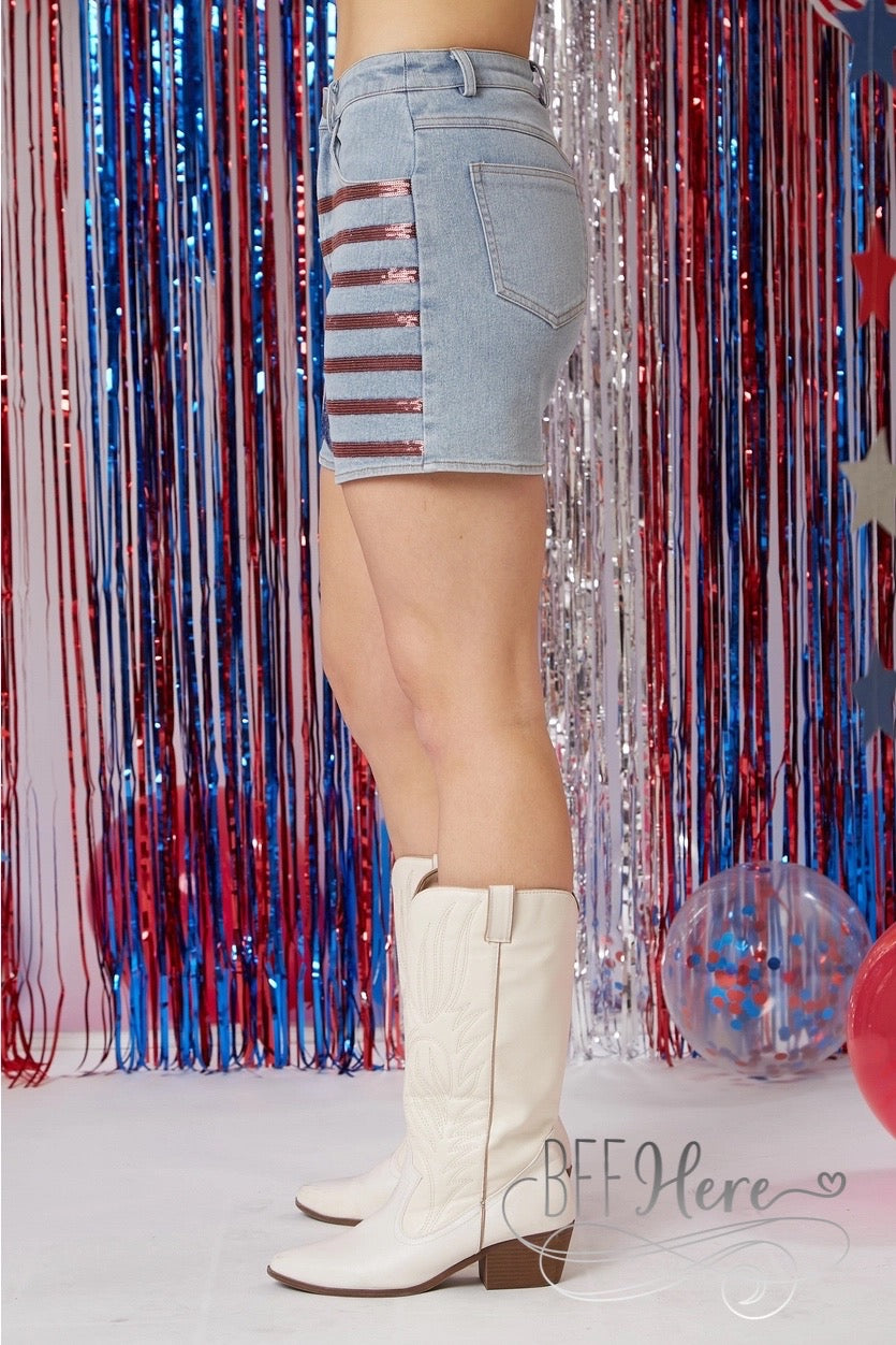 Starry Stripes: Denim Shorts with Sequin Details - BFF Here