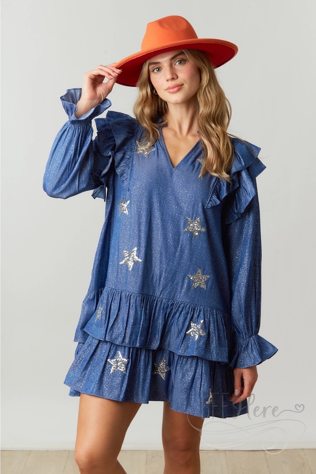 Glistening Starlight Chambray Dress with Delicate Ruffle - BFF Here