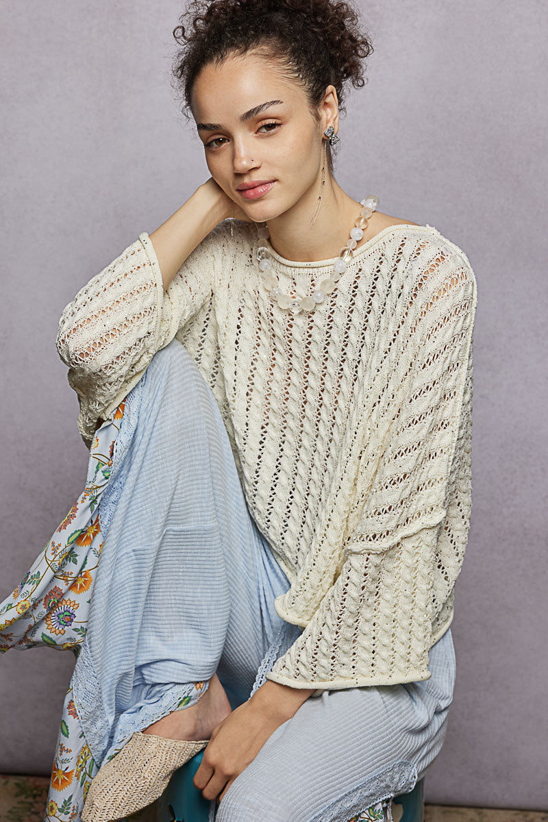 3/4 Sleeve Solid Shiny Thin Acrylic Sweater Cropped Top by POL (Ships 2-3 weeks) - BFF Here