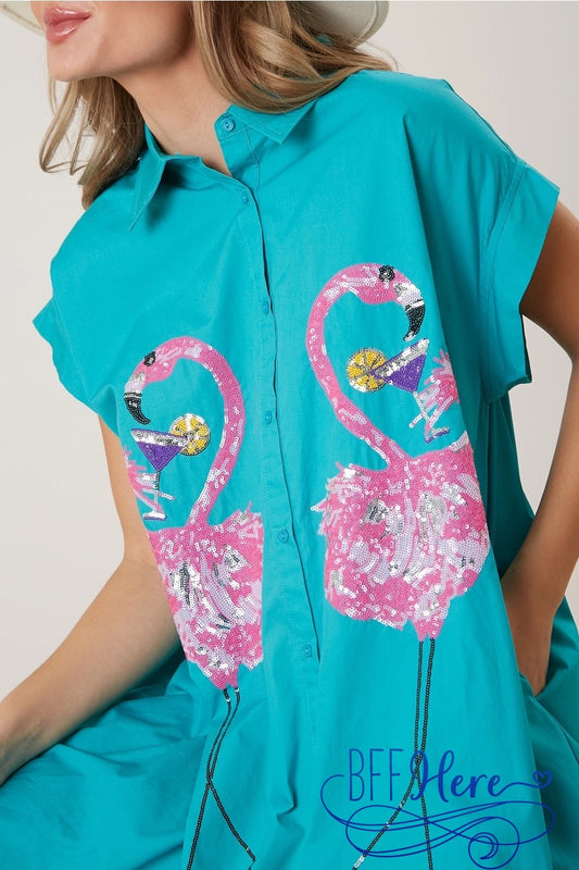 PREORDER: Glittering Flock: Sequin Flamingoes Shirt Dress (Ships End of February) - BFF Here