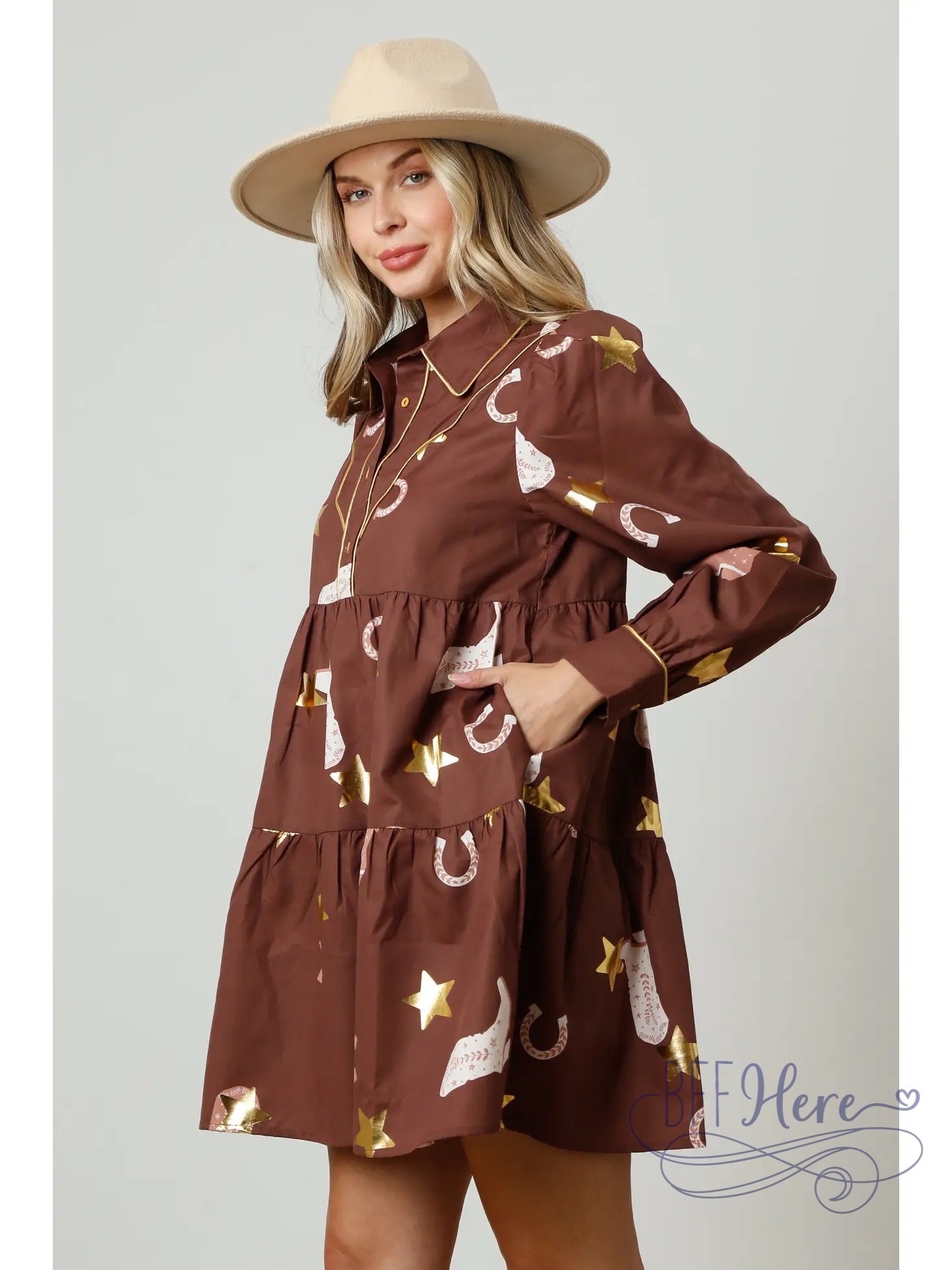 PREORDER: Country Charm: Boot & Horseshoe Print Shirt Dress (Ships Beginning of November) - BFF Here