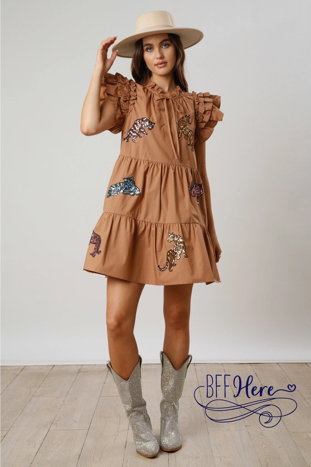 Glittering Jungle: Sequin Tiger Tiered Mini Dress / Choice of Color - BFF Here